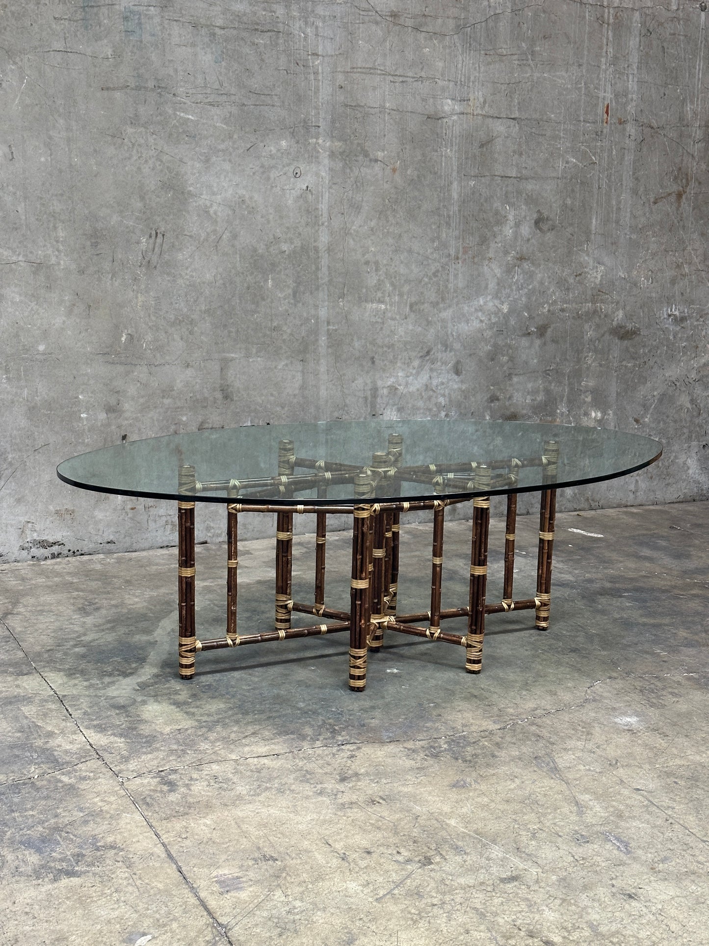McGuire Bamboo & Rattan Dining Table, Rawhide-Lashed, Oval Glass Top, 87in