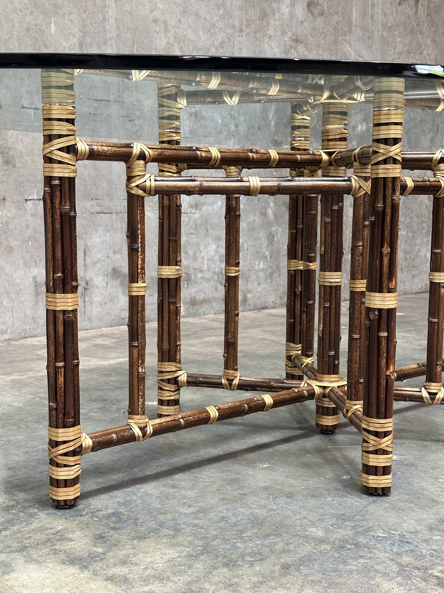 McGuire Bamboo & Rattan Dining Table, Rawhide-Lashed, Oval Glass Top, 87in