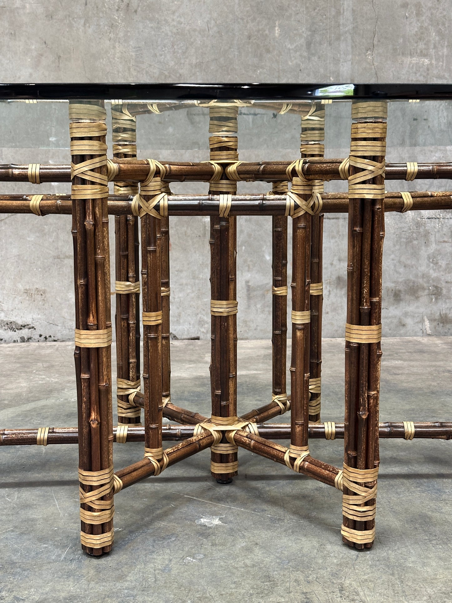 McGuire Bamboo & Rattan Dining Table, Rawhide-Lashed, Oval Glass Top, 87in