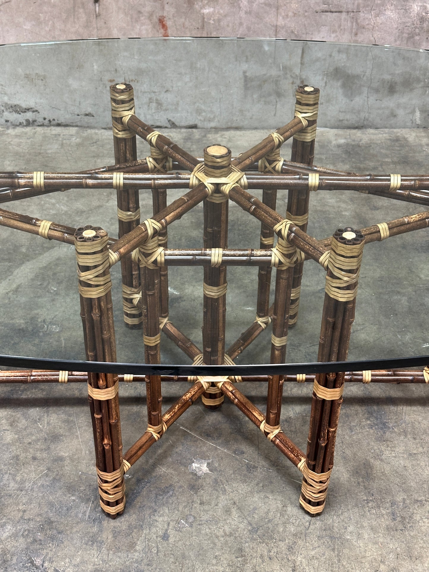 McGuire Bamboo & Rattan Dining Table, Rawhide-Lashed, Oval Glass Top, 87in