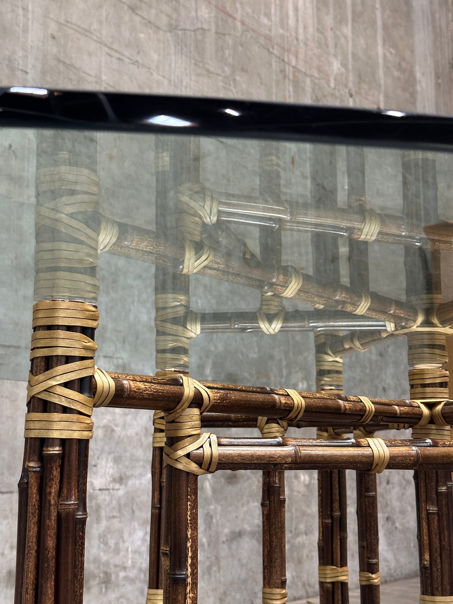 McGuire Bamboo & Rattan Dining Table, Rawhide-Lashed, Oval Glass Top, 87in