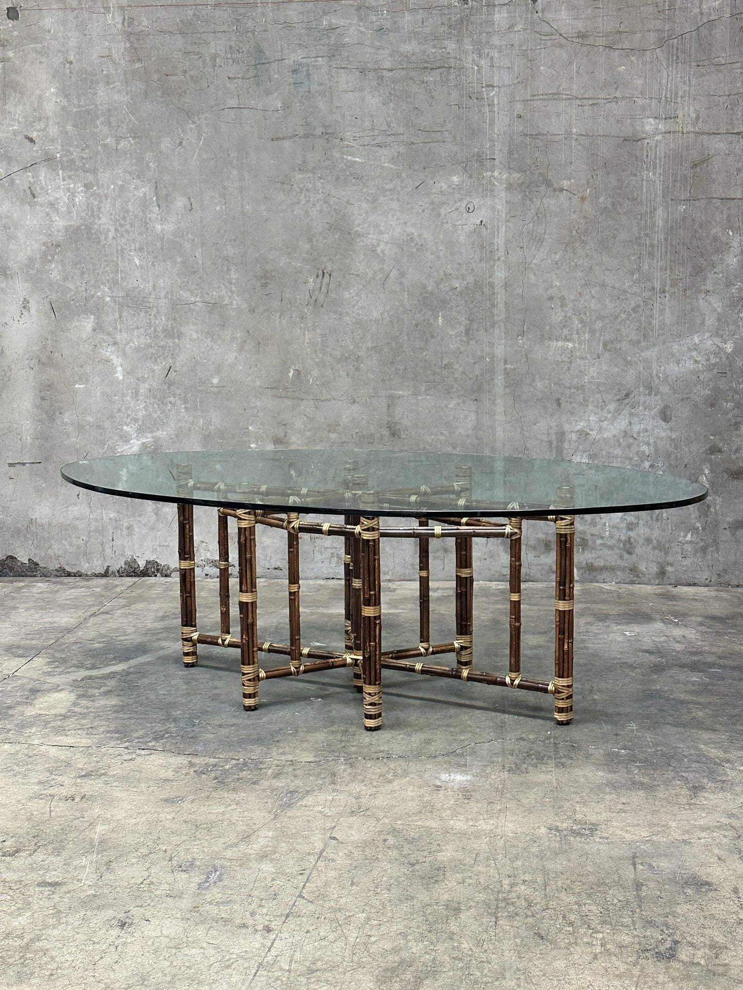 McGuire Bamboo & Rattan Dining Table, Rawhide-Lashed, Oval Glass Top, 87in