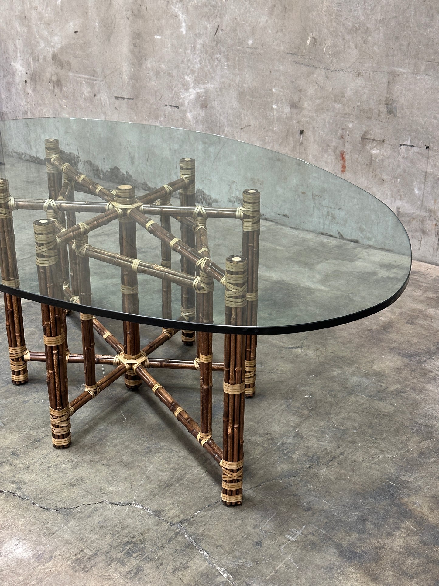 McGuire Bamboo & Rattan Dining Table, Rawhide-Lashed, Oval Glass Top, 87in