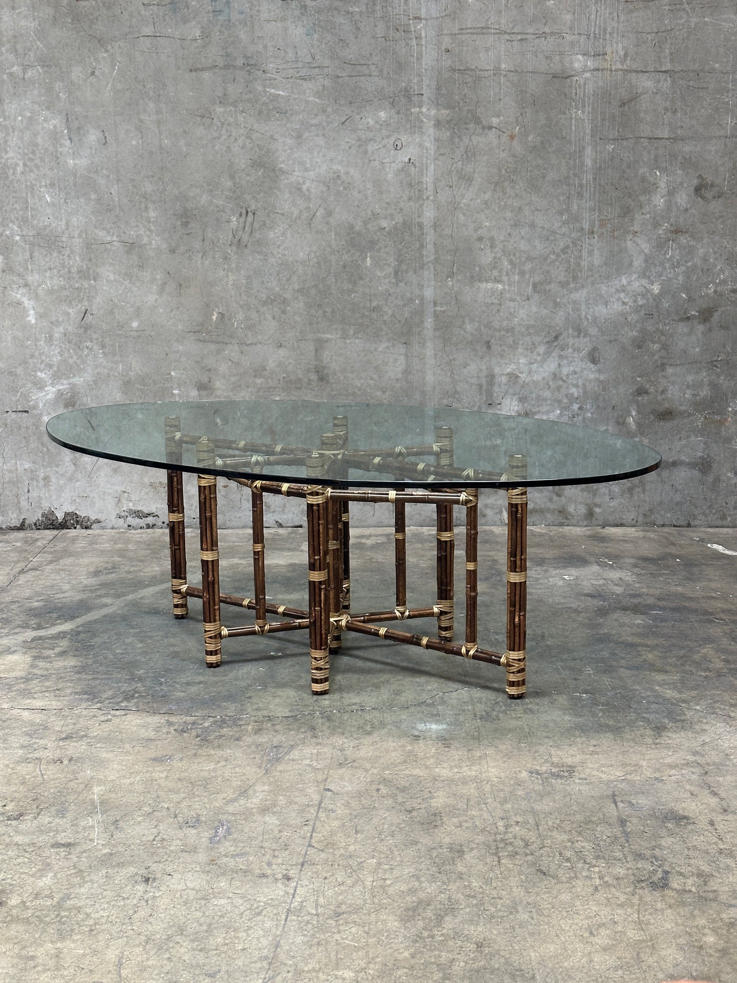 McGuire Bamboo & Rattan Dining Table, Rawhide-Lashed, Oval Glass Top, 87in
