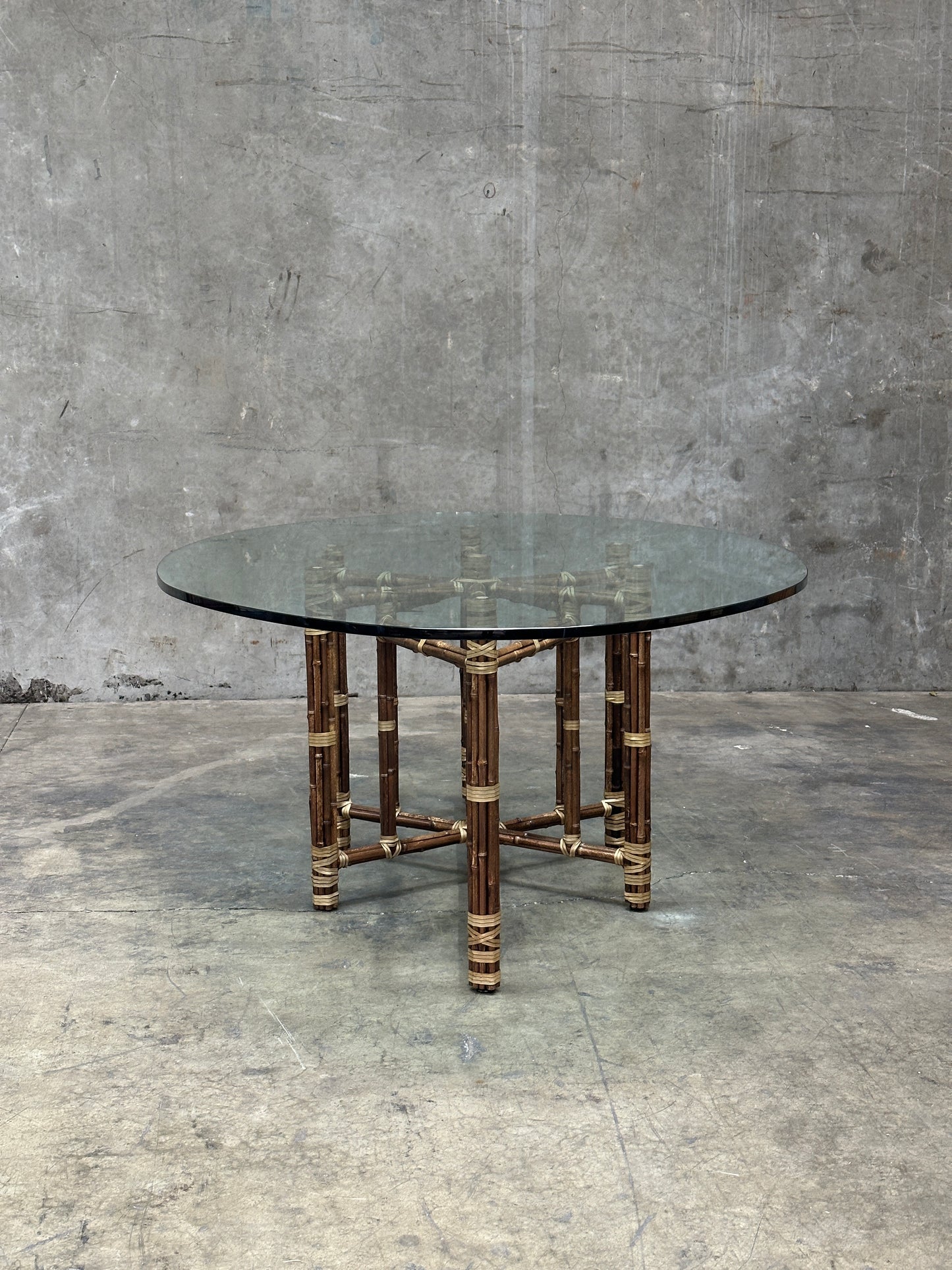McGuire Bamboo & Rattan Dining Table, Rawhide-Lashed, Oval Glass Top, 87in
