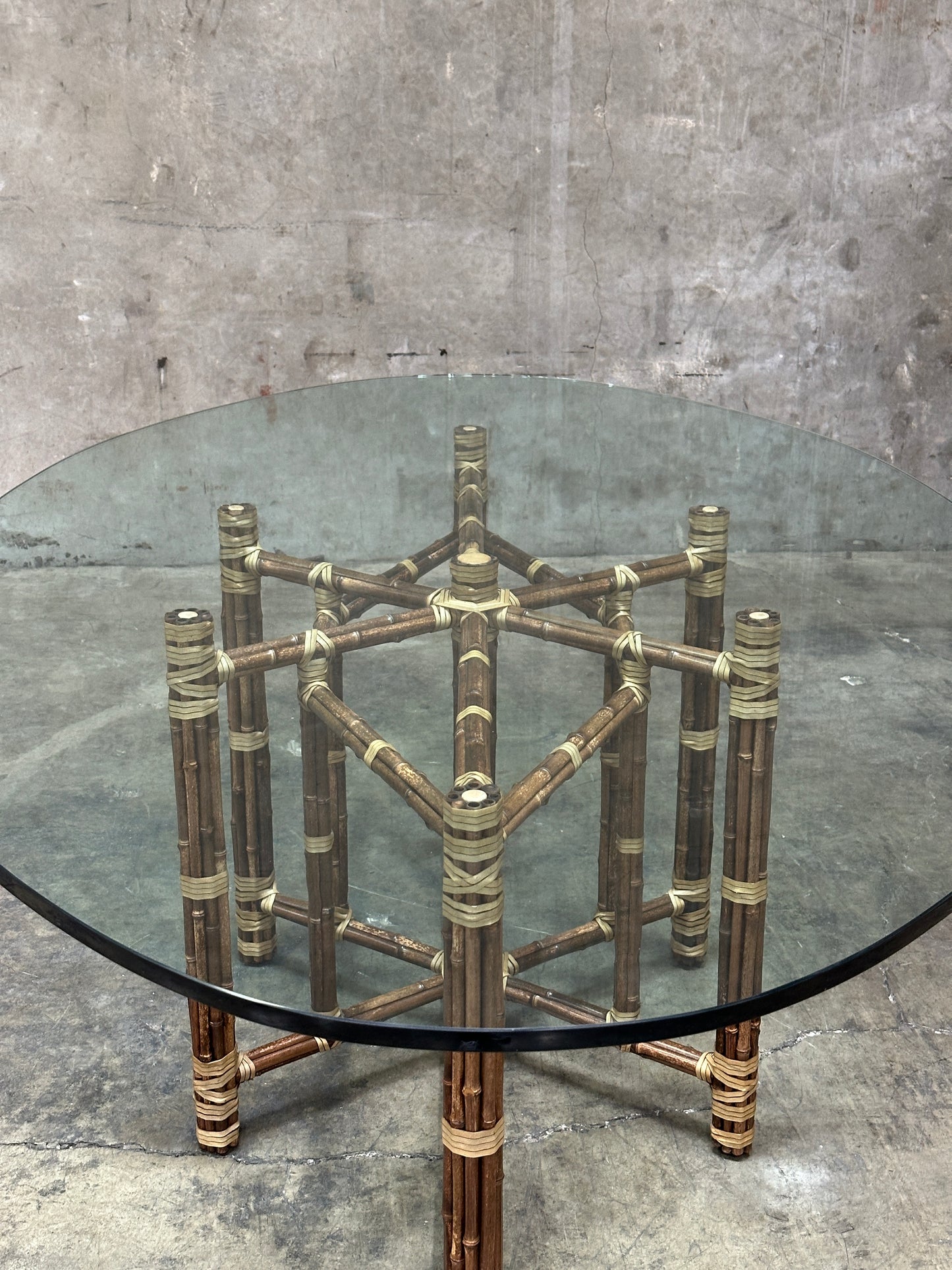 McGuire Bamboo & Rattan Dining Table, Rawhide-Lashed, Oval Glass Top, 87in