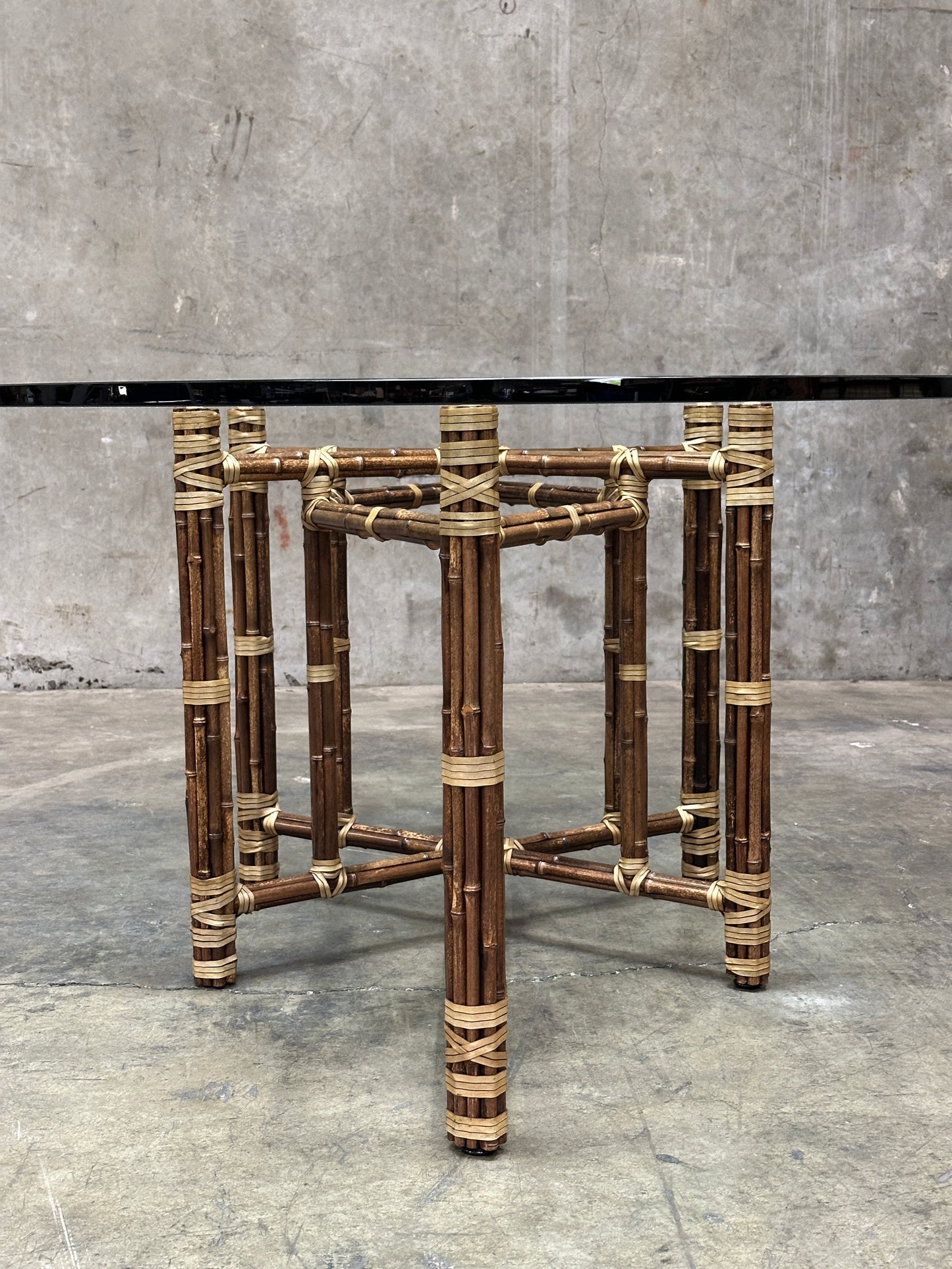 McGuire Bamboo & Rattan Dining Table, Rawhide-Lashed, Oval Glass Top, 87in