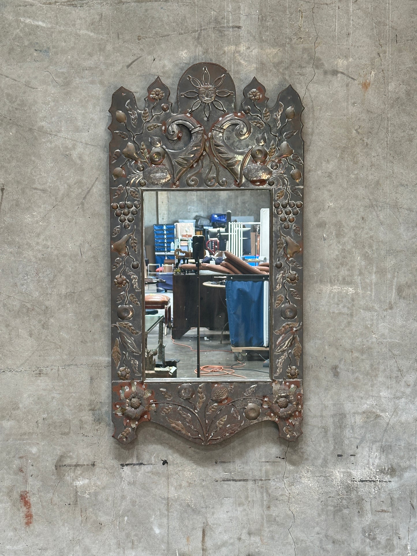 Tin Repousse Mirror, Floral Scroll, Spanish Mexican Folk Art