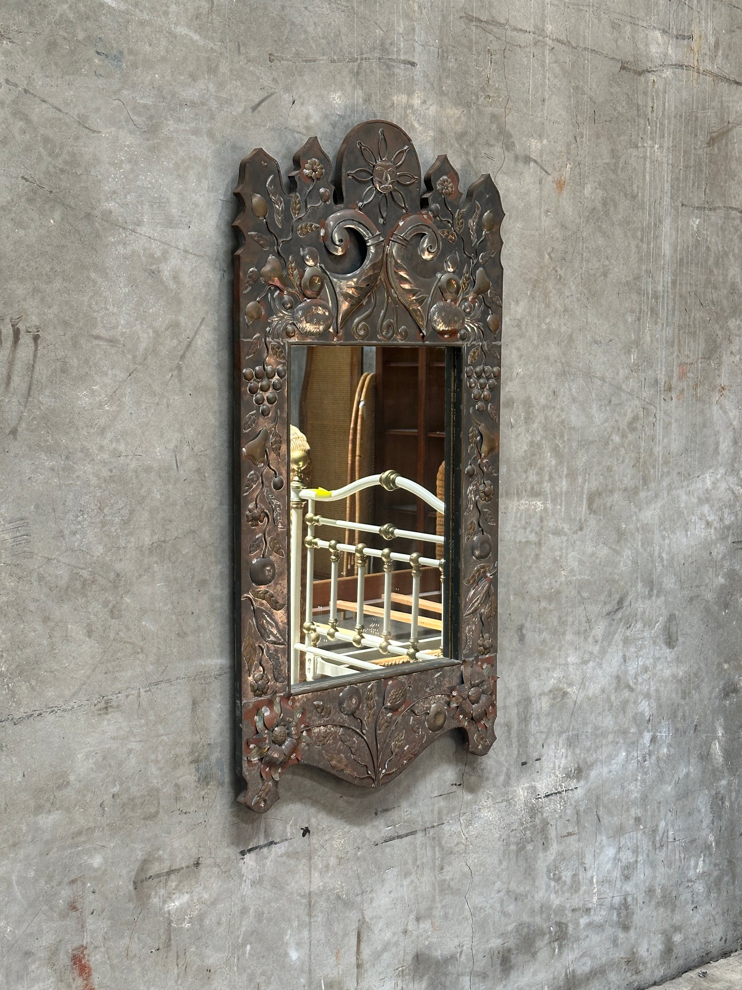 Tin Repousse Mirror, Floral Scroll, Spanish Mexican Folk Art