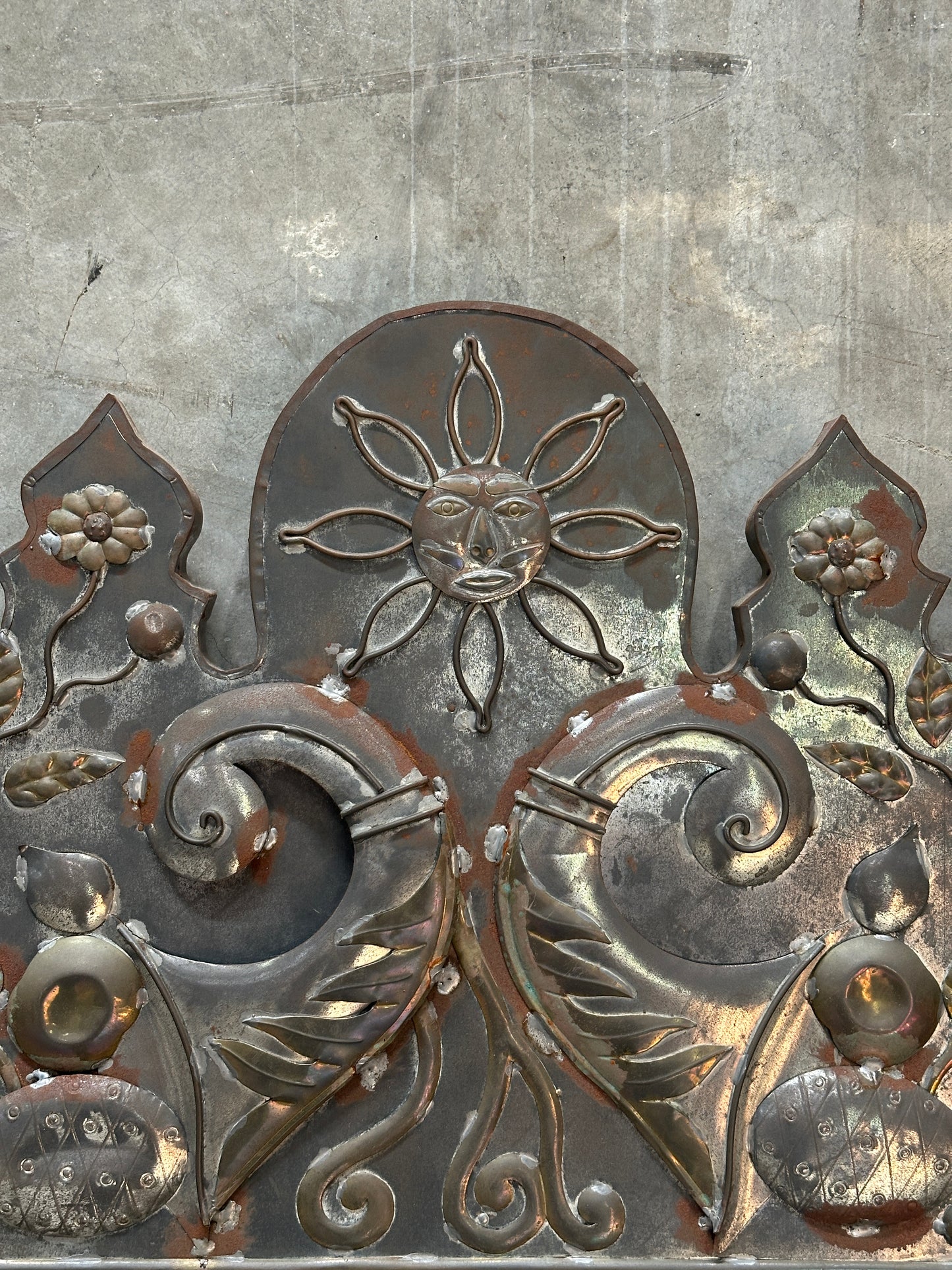 Tin Repousse Mirror, Floral Scroll, Spanish Mexican Folk Art