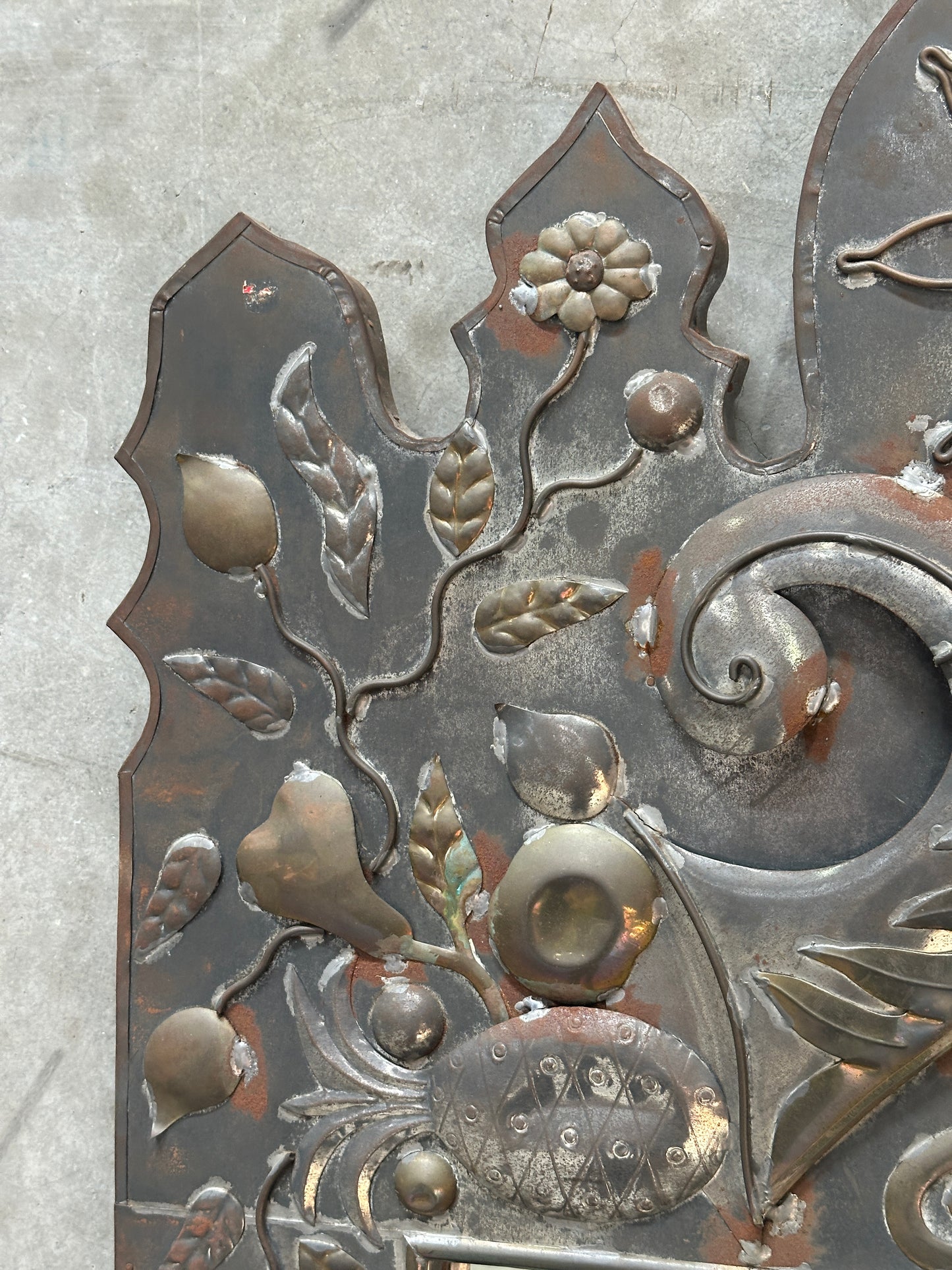 Tin Repousse Mirror, Floral Scroll, Spanish Mexican Folk Art