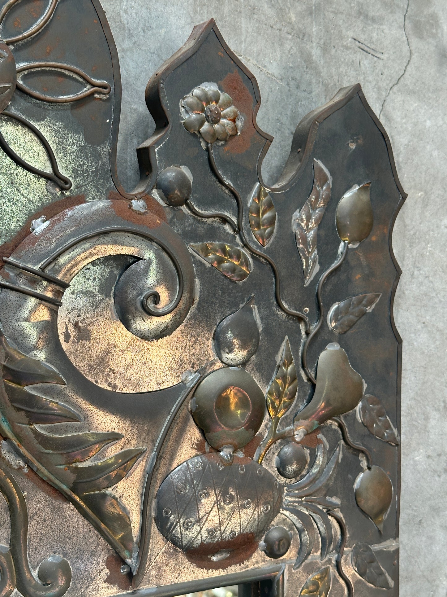 Tin Repousse Mirror, Floral Scroll, Spanish Mexican Folk Art