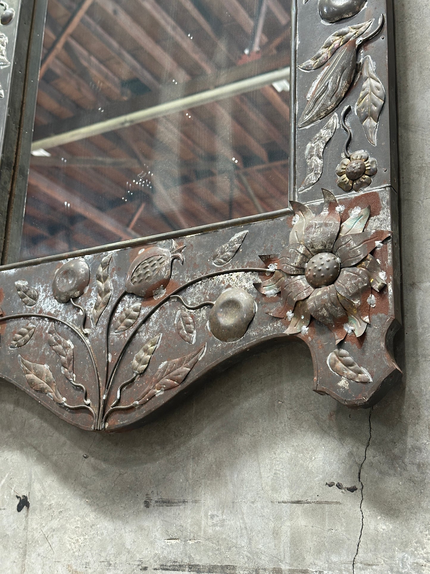 Tin Repousse Mirror, Floral Scroll, Spanish Mexican Folk Art