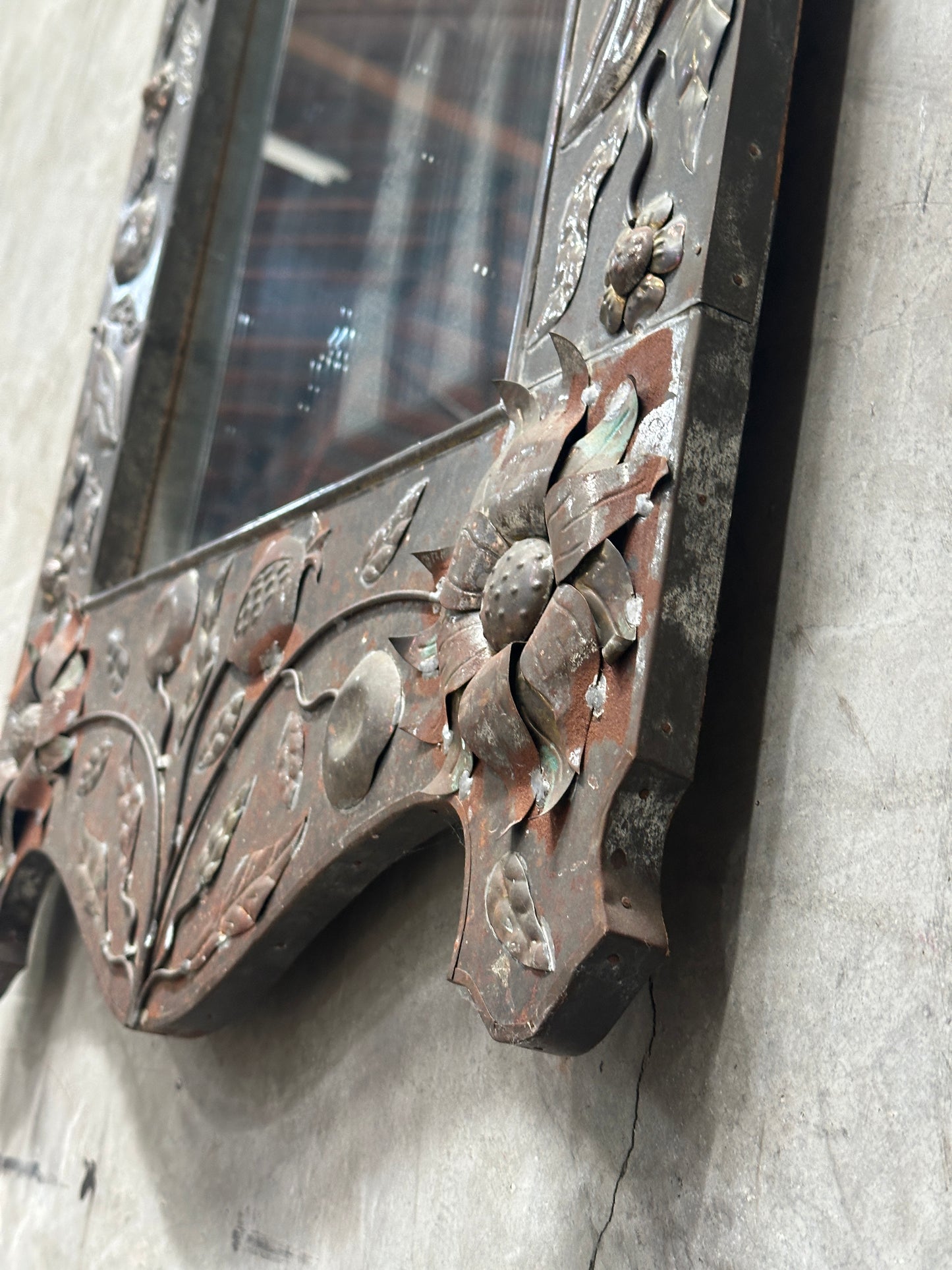 Tin Repousse Mirror, Floral Scroll, Spanish Mexican Folk Art