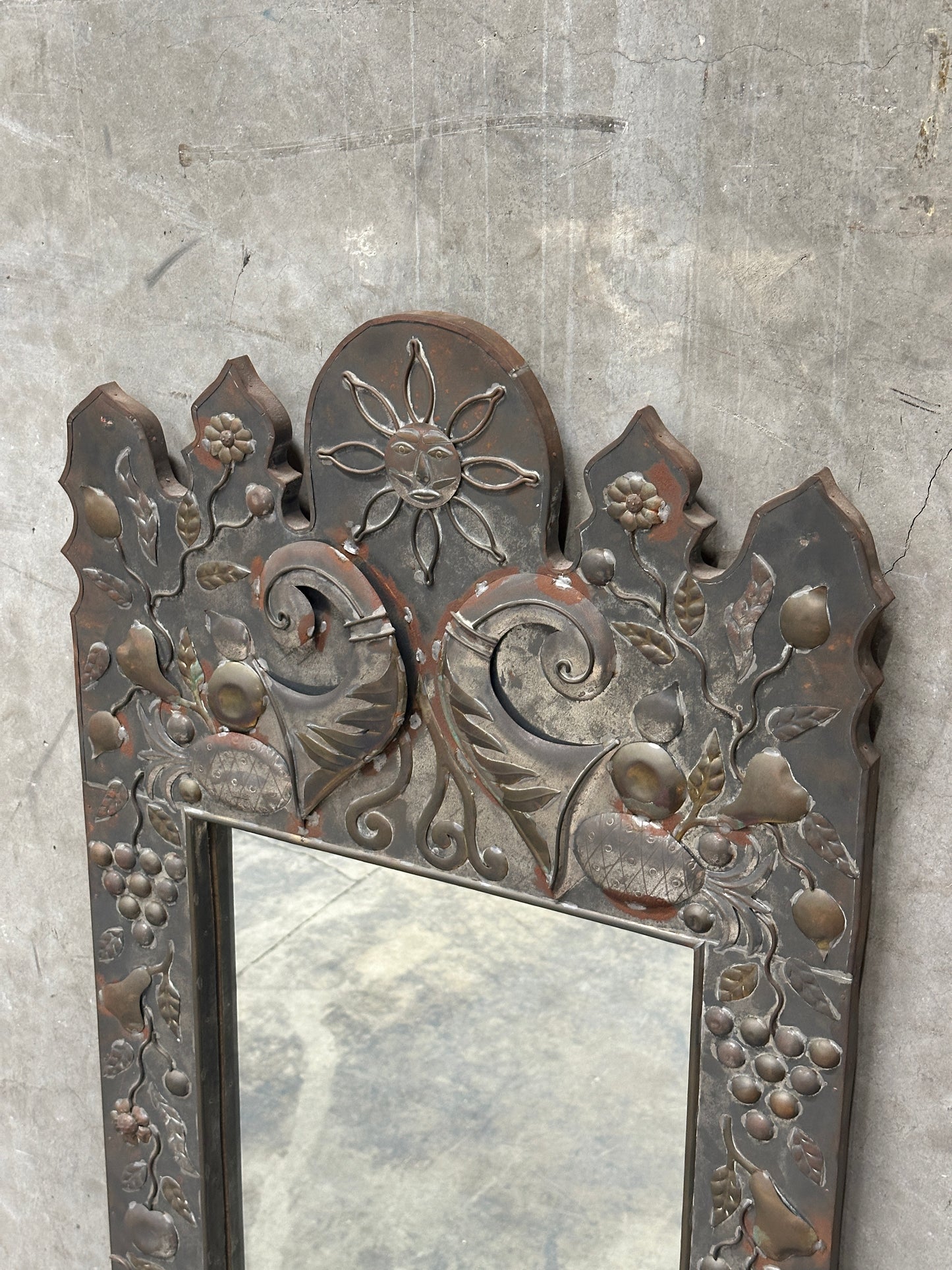 Tin Repousse Mirror, Floral Scroll, Spanish Mexican Folk Art