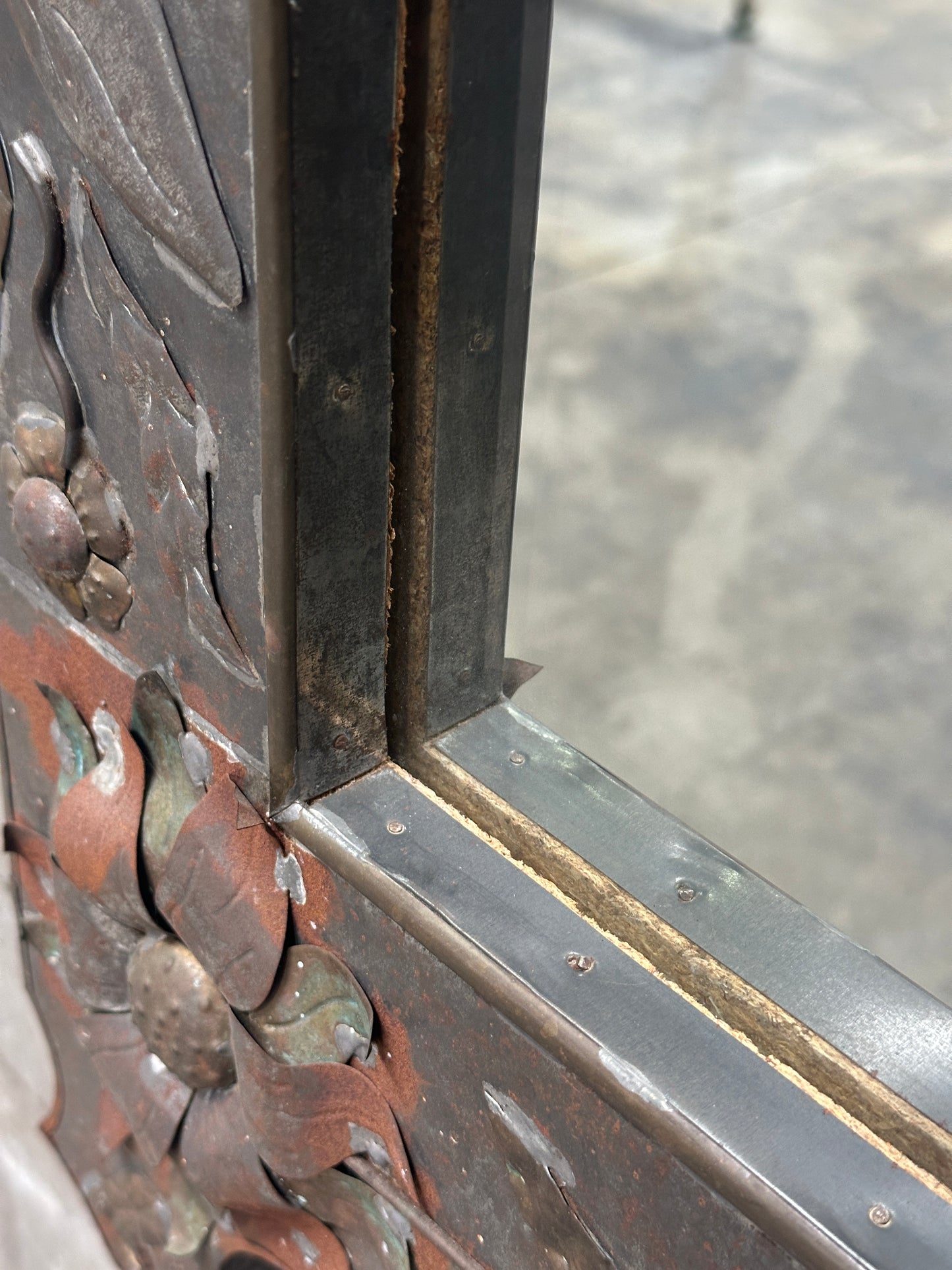 Tin Repousse Mirror, Floral Scroll, Spanish Mexican Folk Art