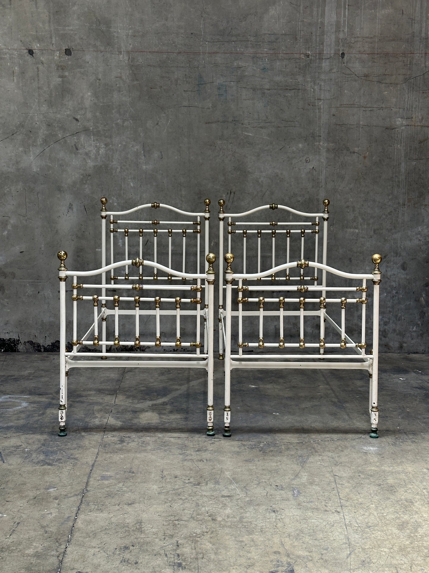 Pair Victorian Iron & Brass Twin Beds, White Painted Frames