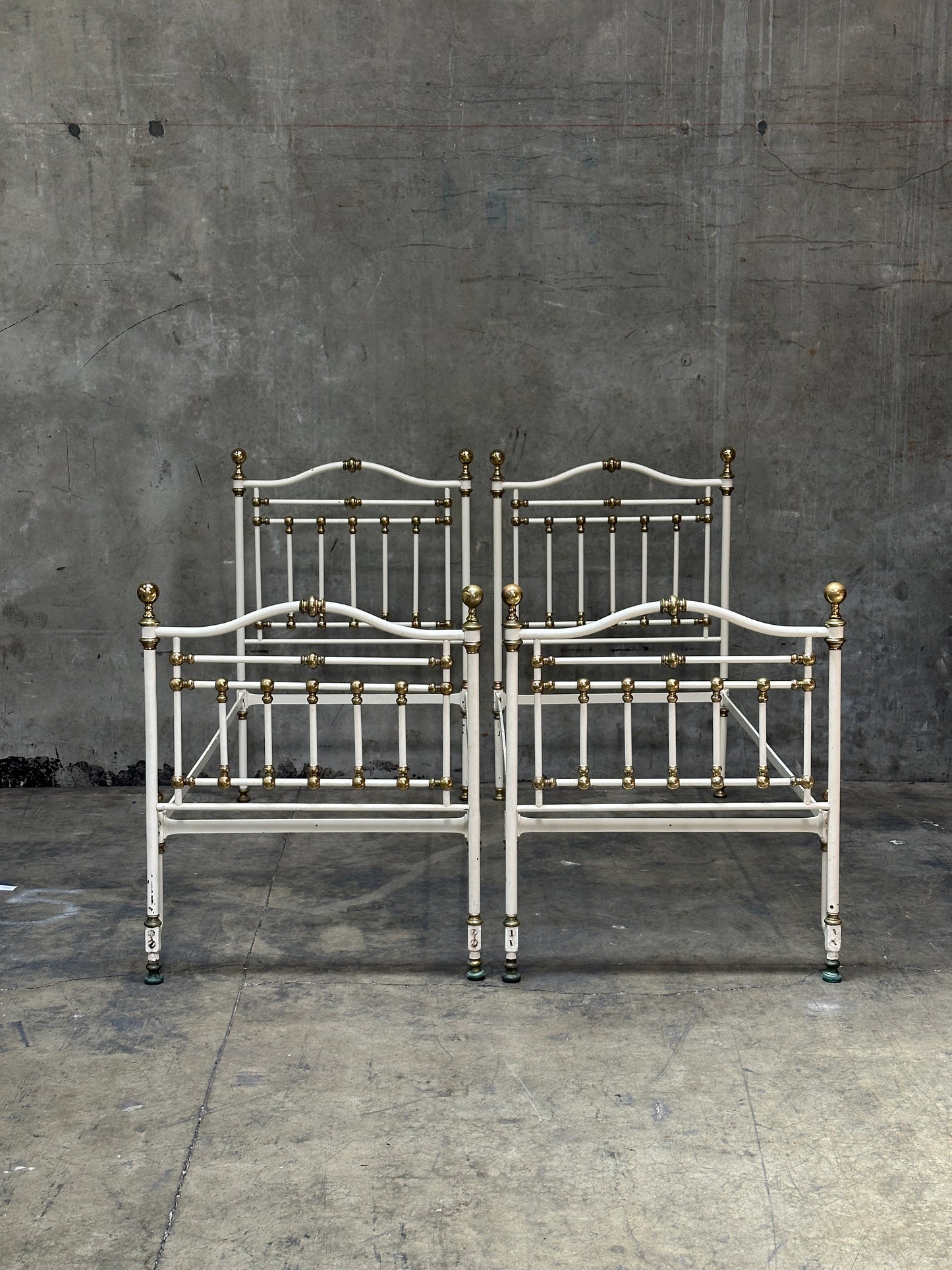 Pair Victorian Iron & Brass Twin Beds, White Painted Frames