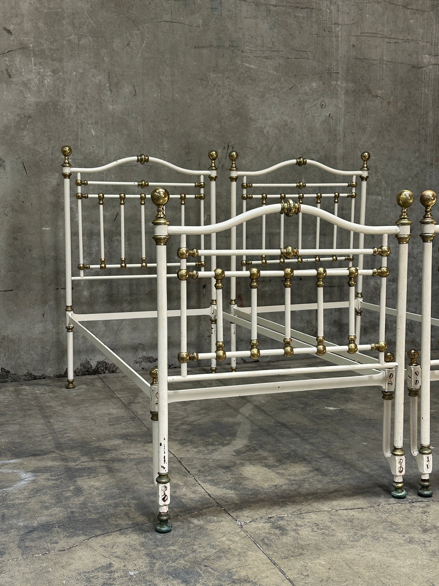 Pair Victorian Iron & Brass Twin Beds, White Painted Frames