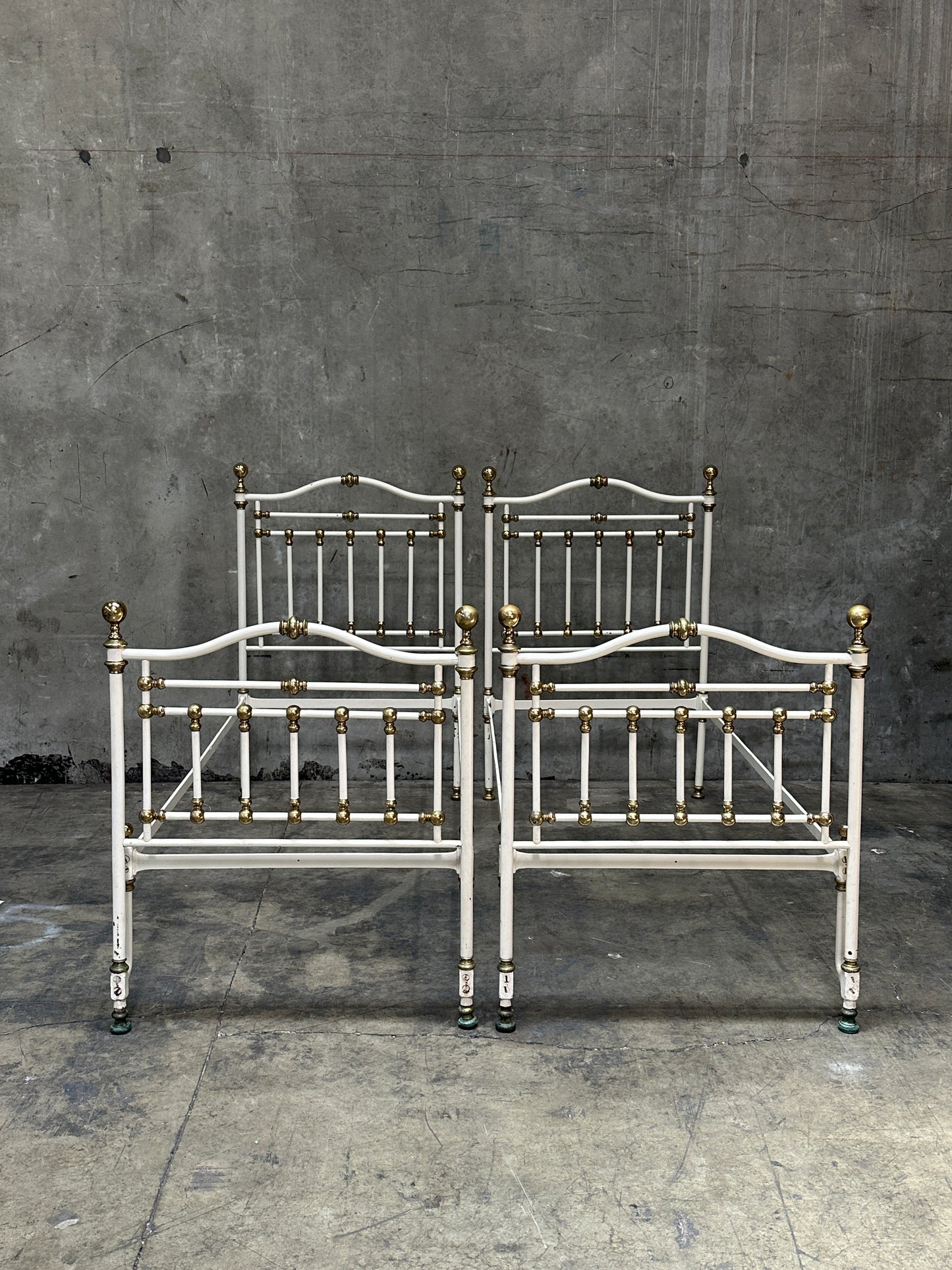 Pair Victorian Iron & Brass Twin Beds, White Painted Frames