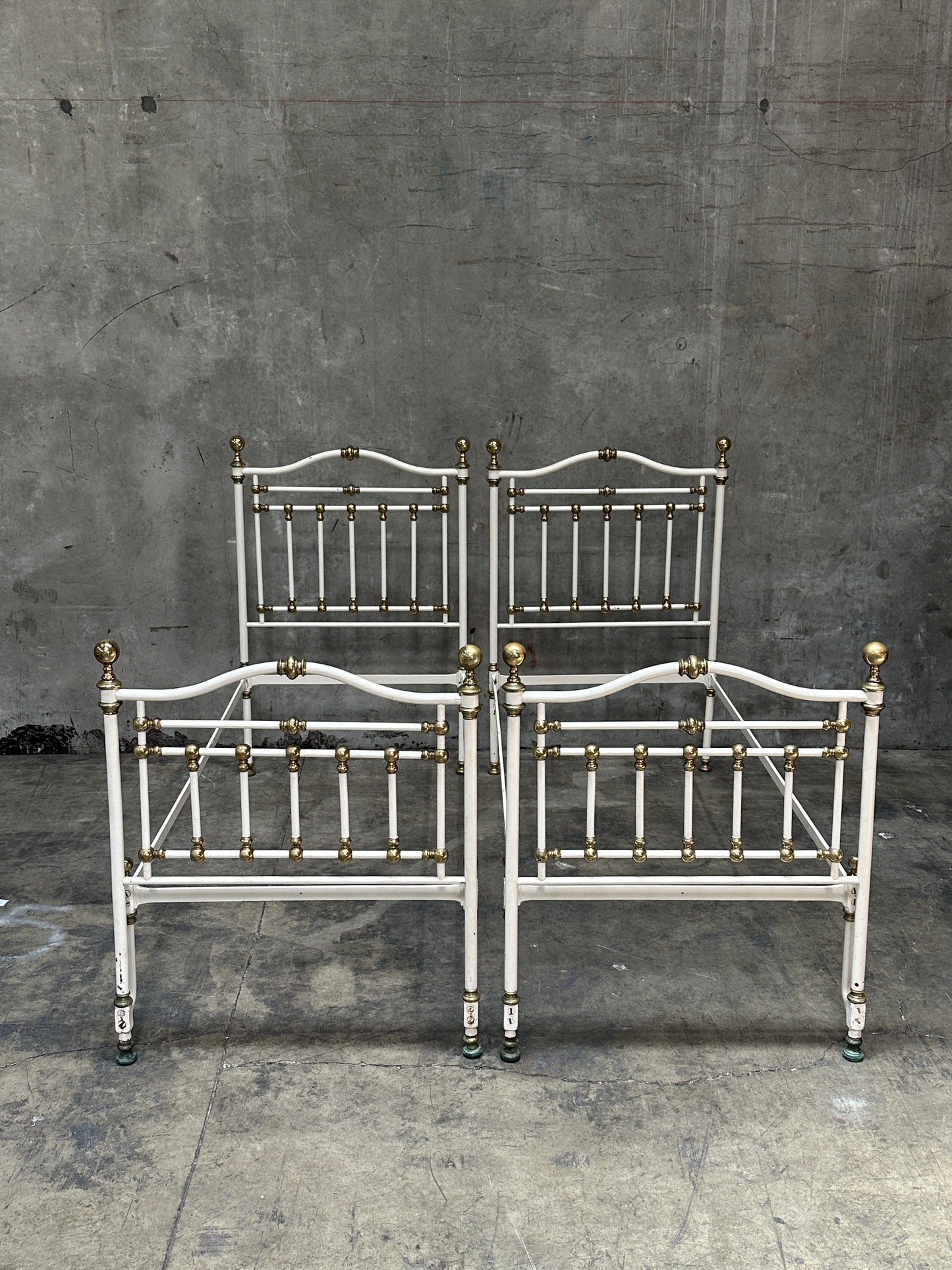 Pair Victorian Iron & Brass Twin Beds, White Painted Frames