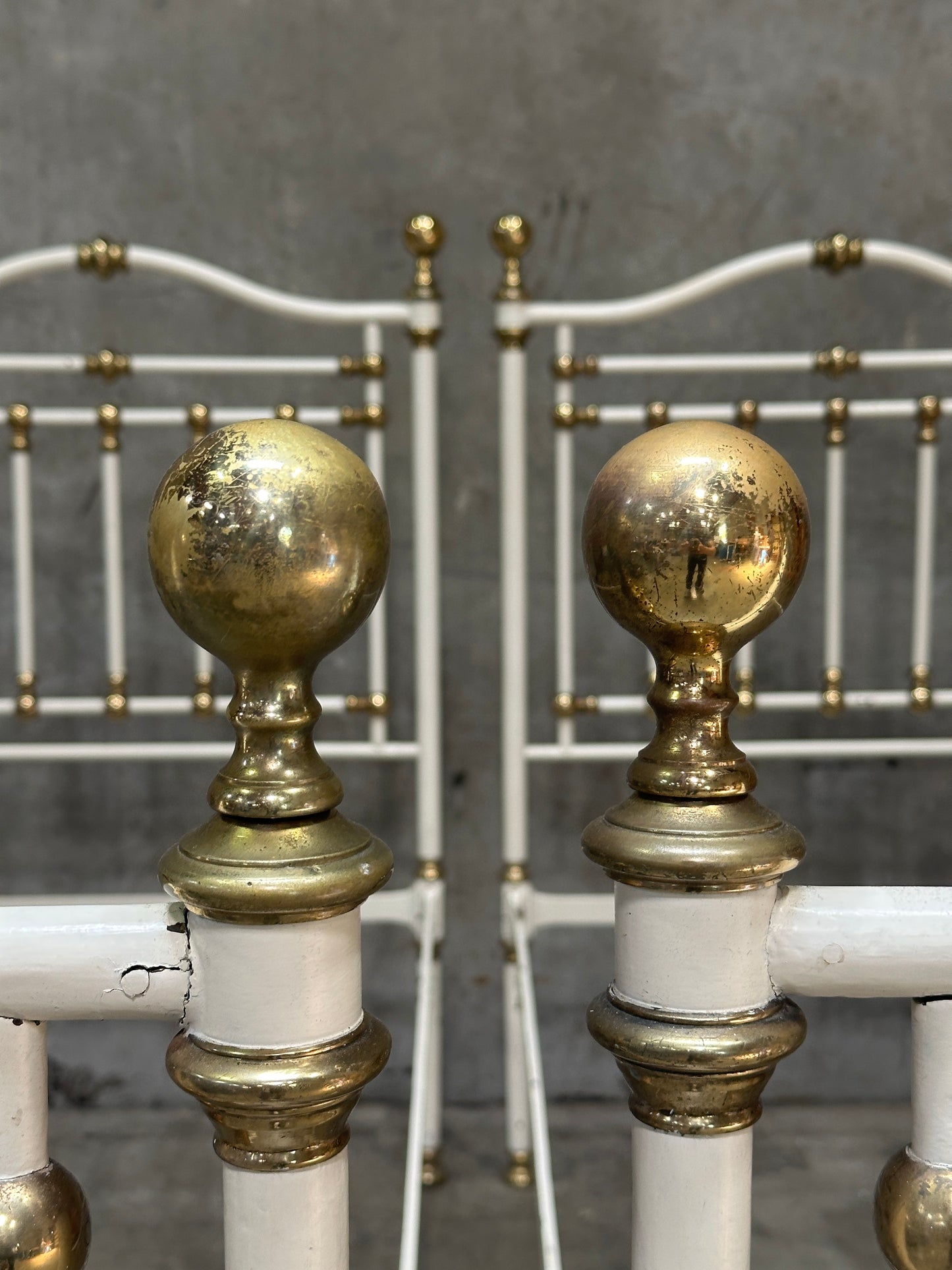 Pair Victorian Iron & Brass Twin Beds, White Painted Frames