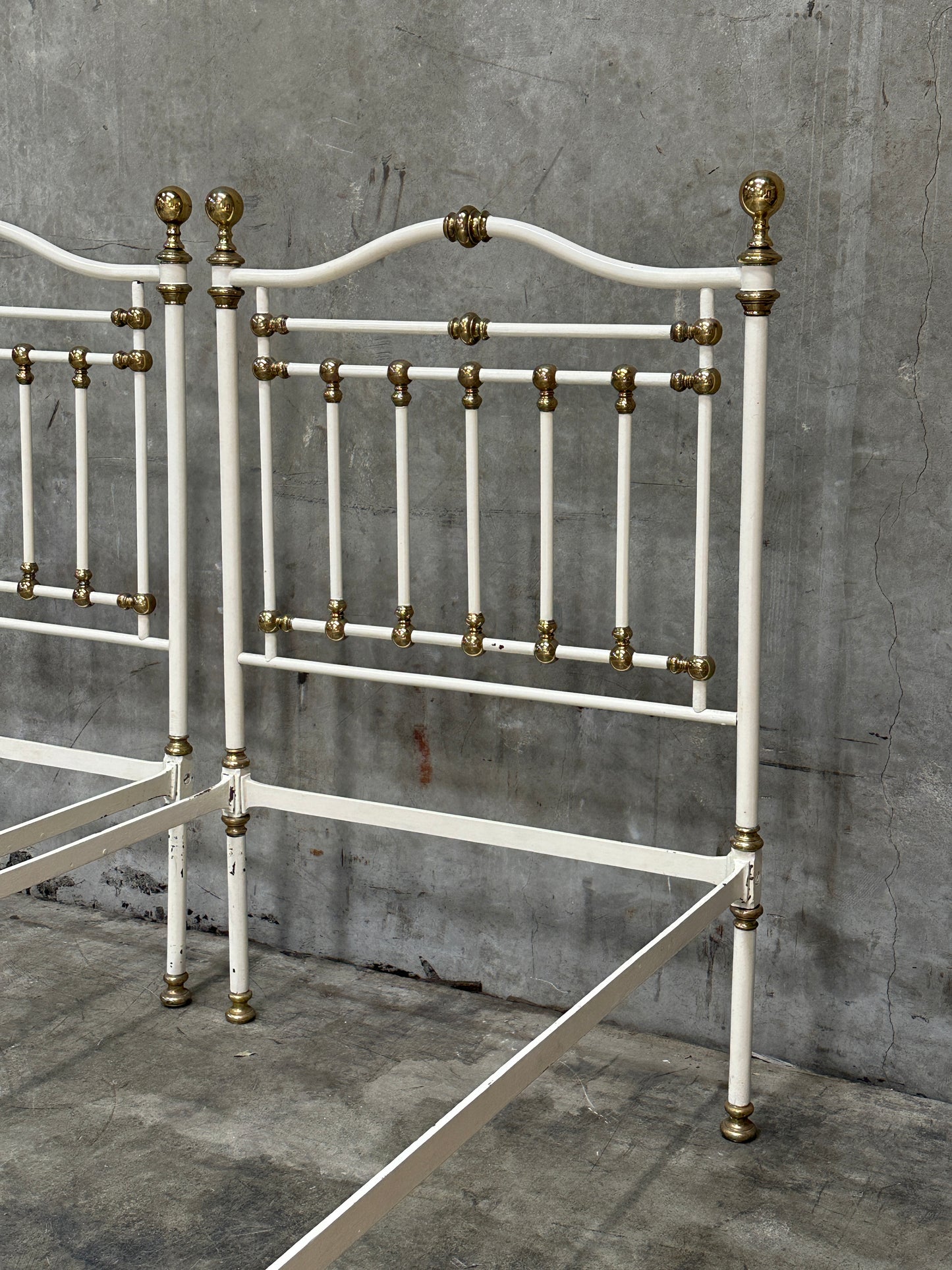 Pair Victorian Iron & Brass Twin Beds, White Painted Frames