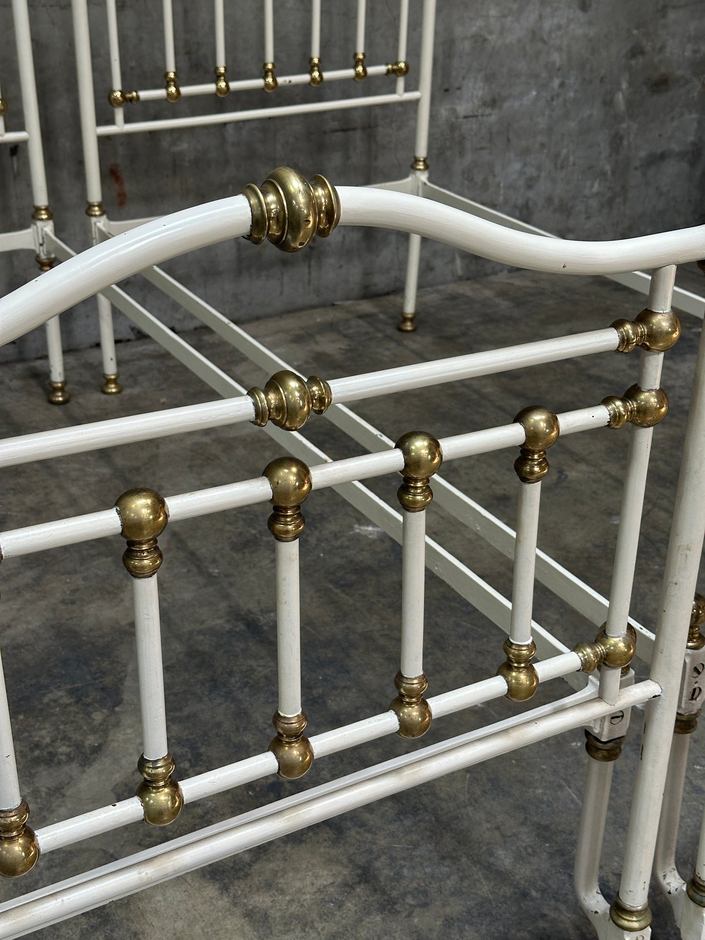Pair Victorian Iron & Brass Twin Beds, White Painted Frames