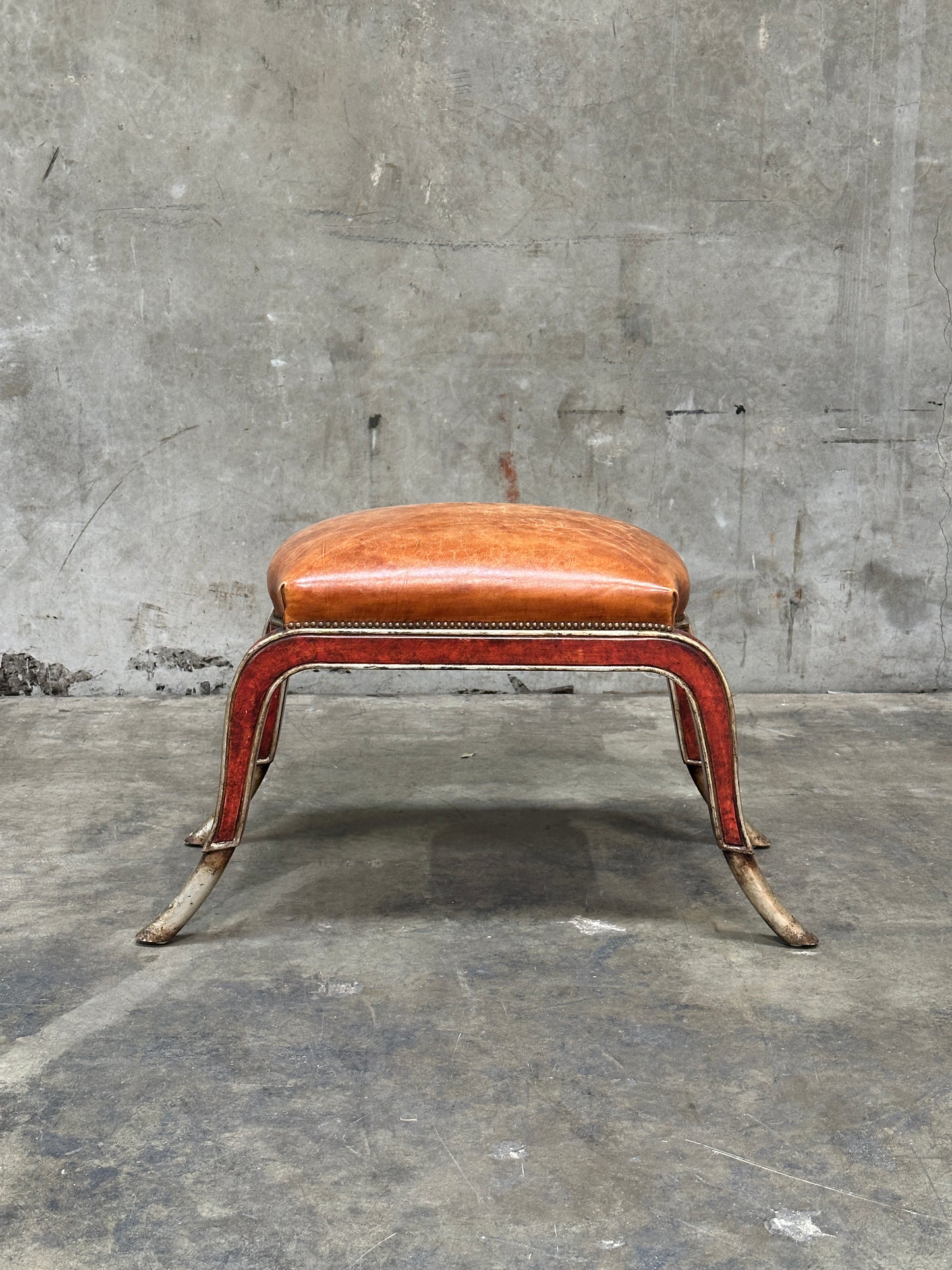 Therien Studio Workshops Leather Stool / Low Chair, Cognac & Gilt Frame