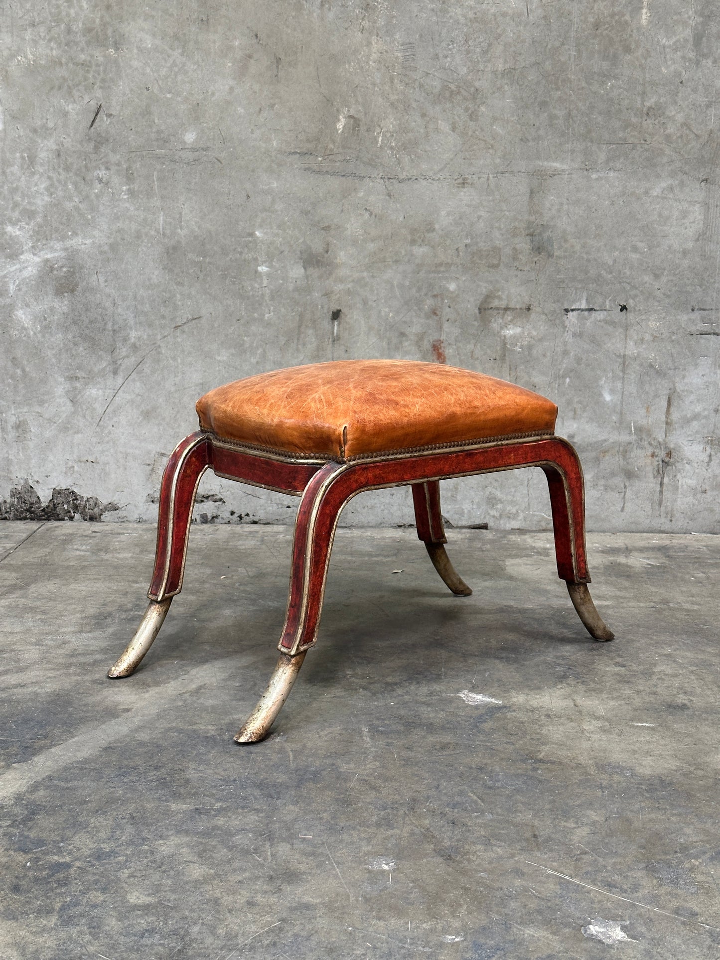 Therien Studio Workshops Leather Stool / Low Chair, Cognac & Gilt Frame