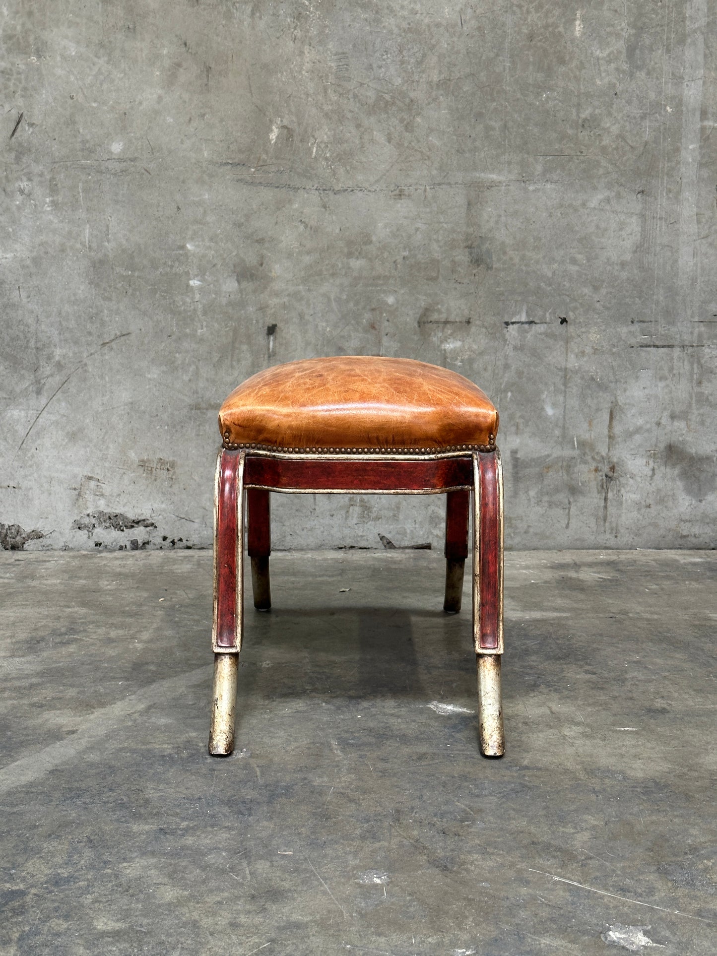 Therien Studio Workshops Leather Stool / Low Chair, Cognac & Gilt Frame