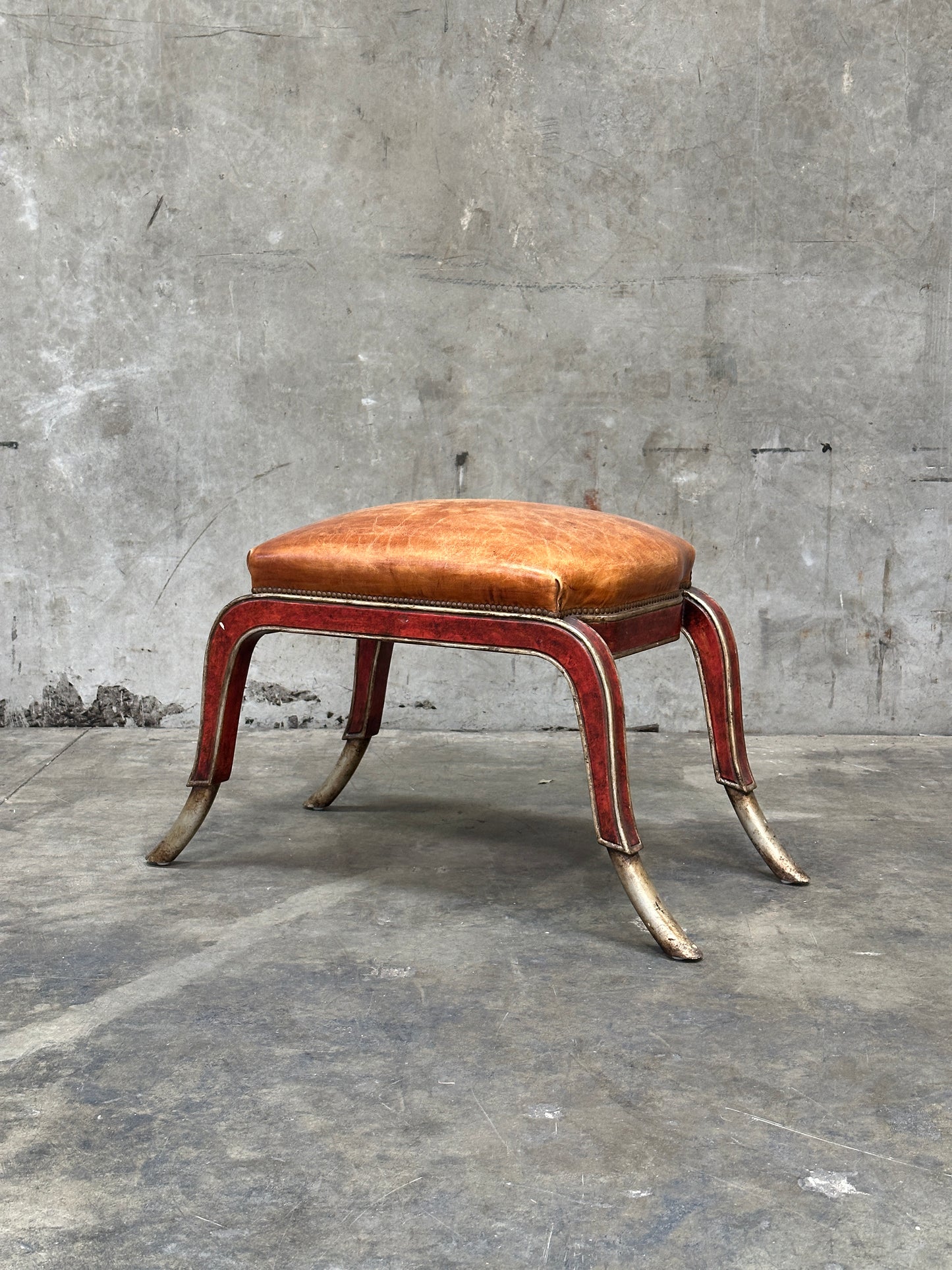 Therien Studio Workshops Leather Stool / Low Chair, Cognac & Gilt Frame