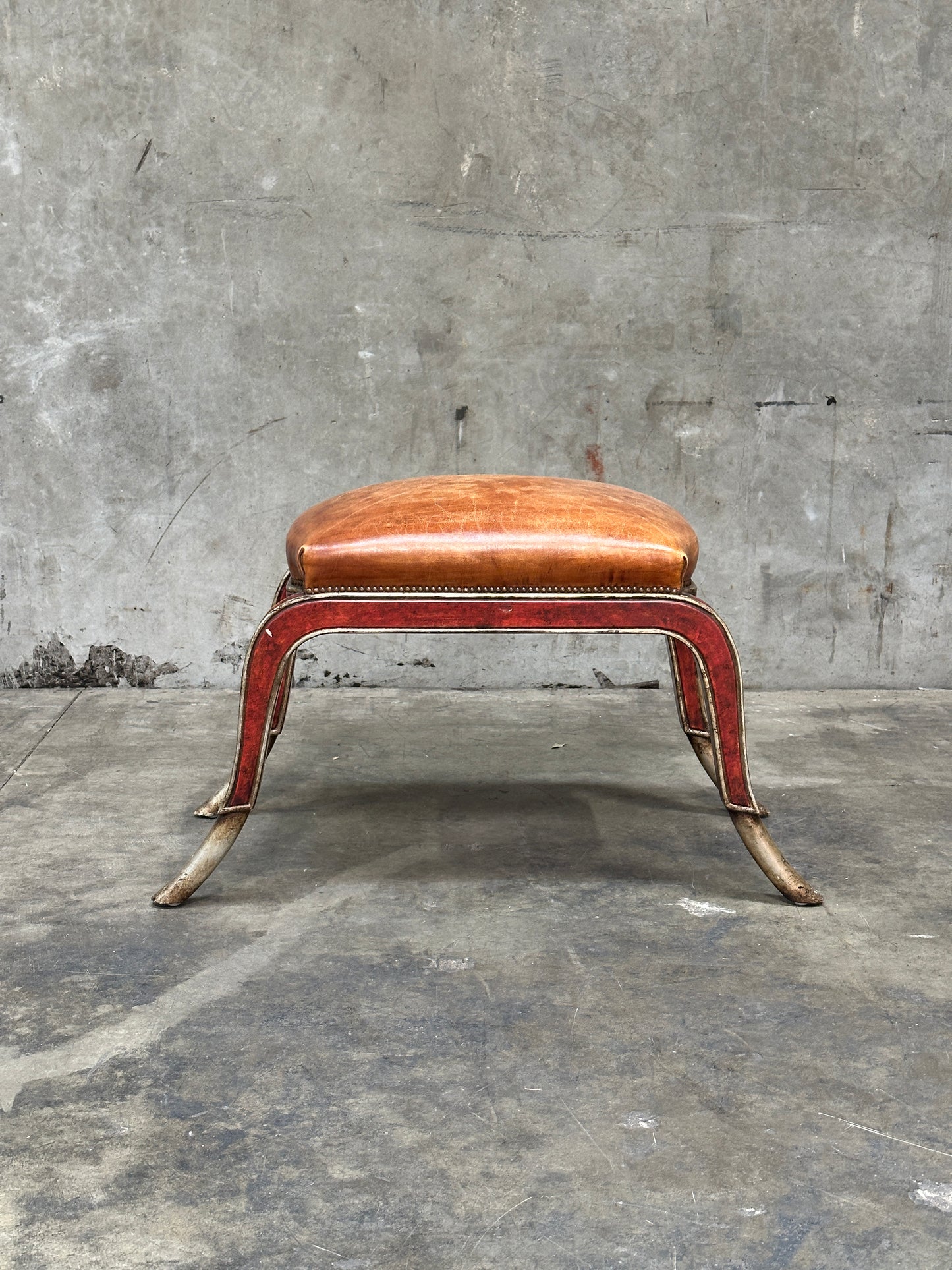 Therien Studio Workshops Leather Stool / Low Chair, Cognac & Gilt Frame