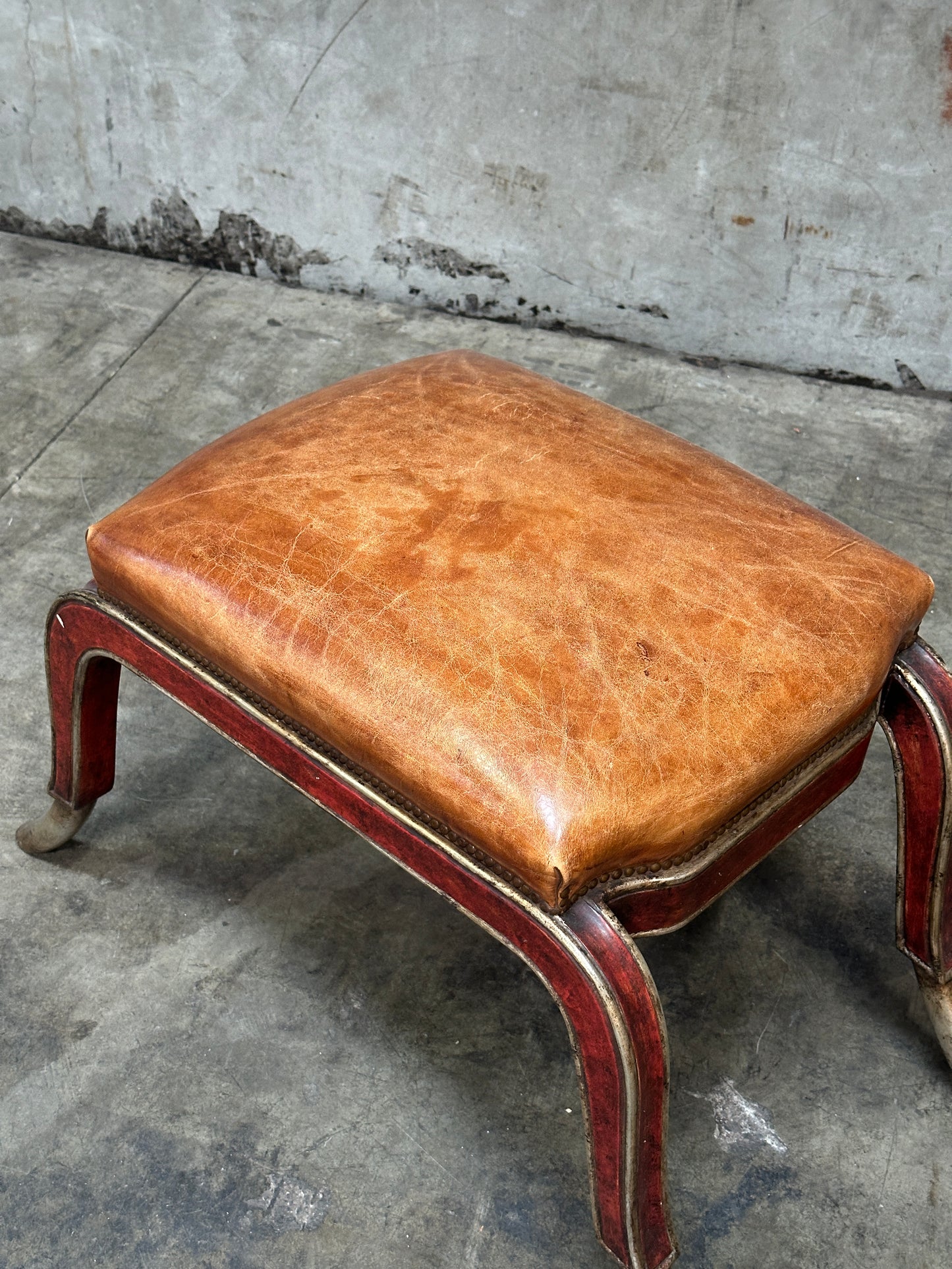 Therien Studio Workshops Leather Stool / Low Chair, Cognac & Gilt Frame