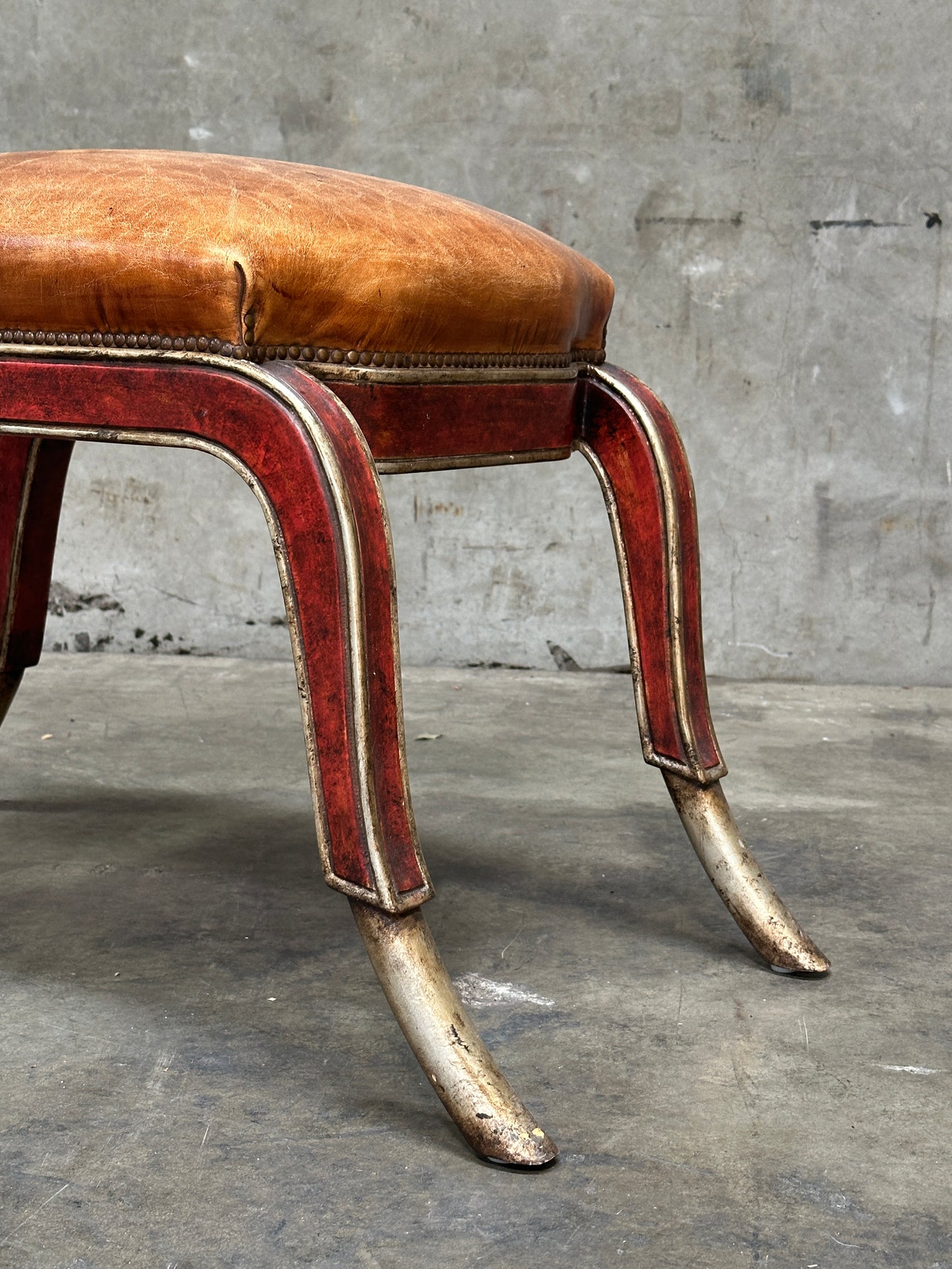 Therien Studio Workshops Leather Stool / Low Chair, Cognac & Gilt Frame