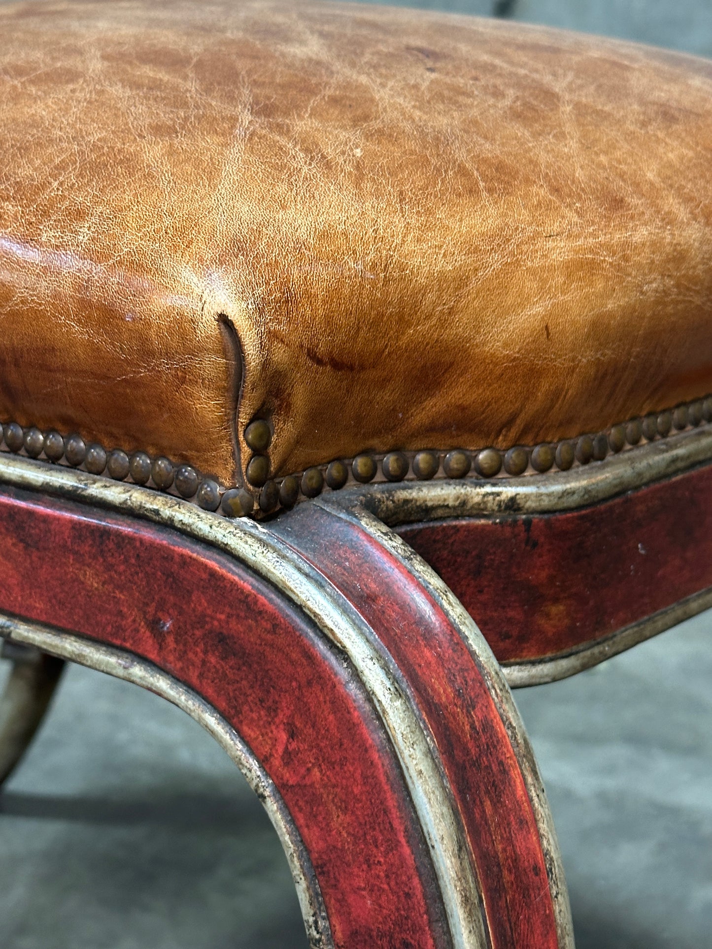 Therien Studio Workshops Leather Stool / Low Chair, Cognac & Gilt Frame