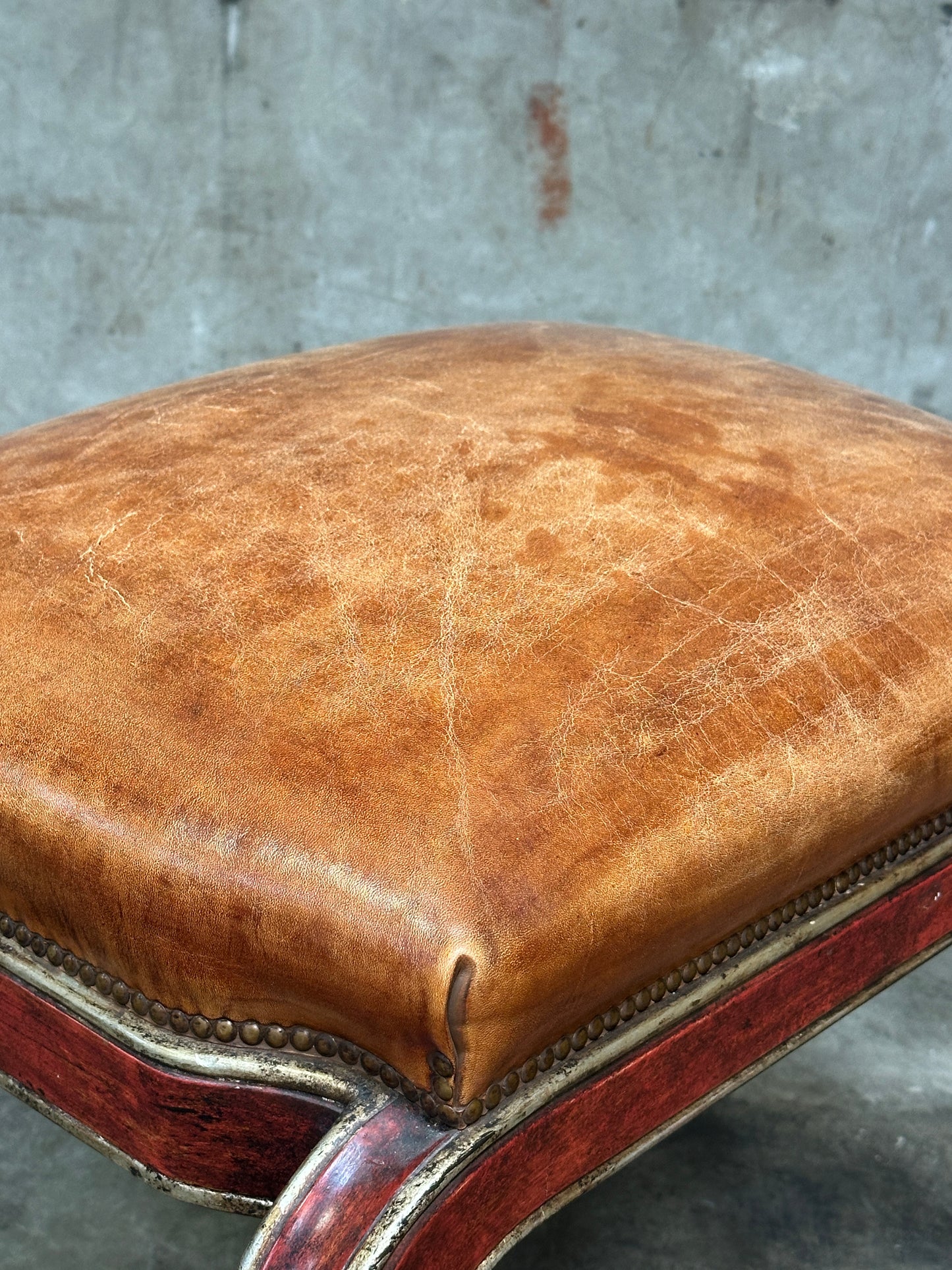 Therien Studio Workshops Leather Stool / Low Chair, Cognac & Gilt Frame