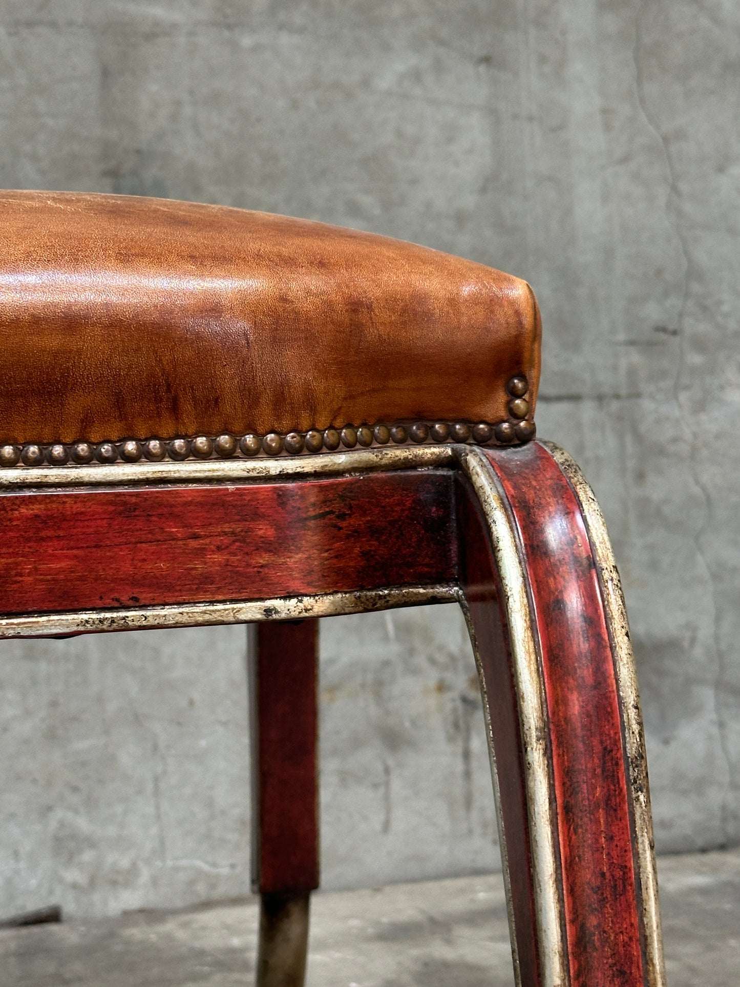 Therien Studio Workshops Leather Stool / Low Chair, Cognac & Gilt Frame