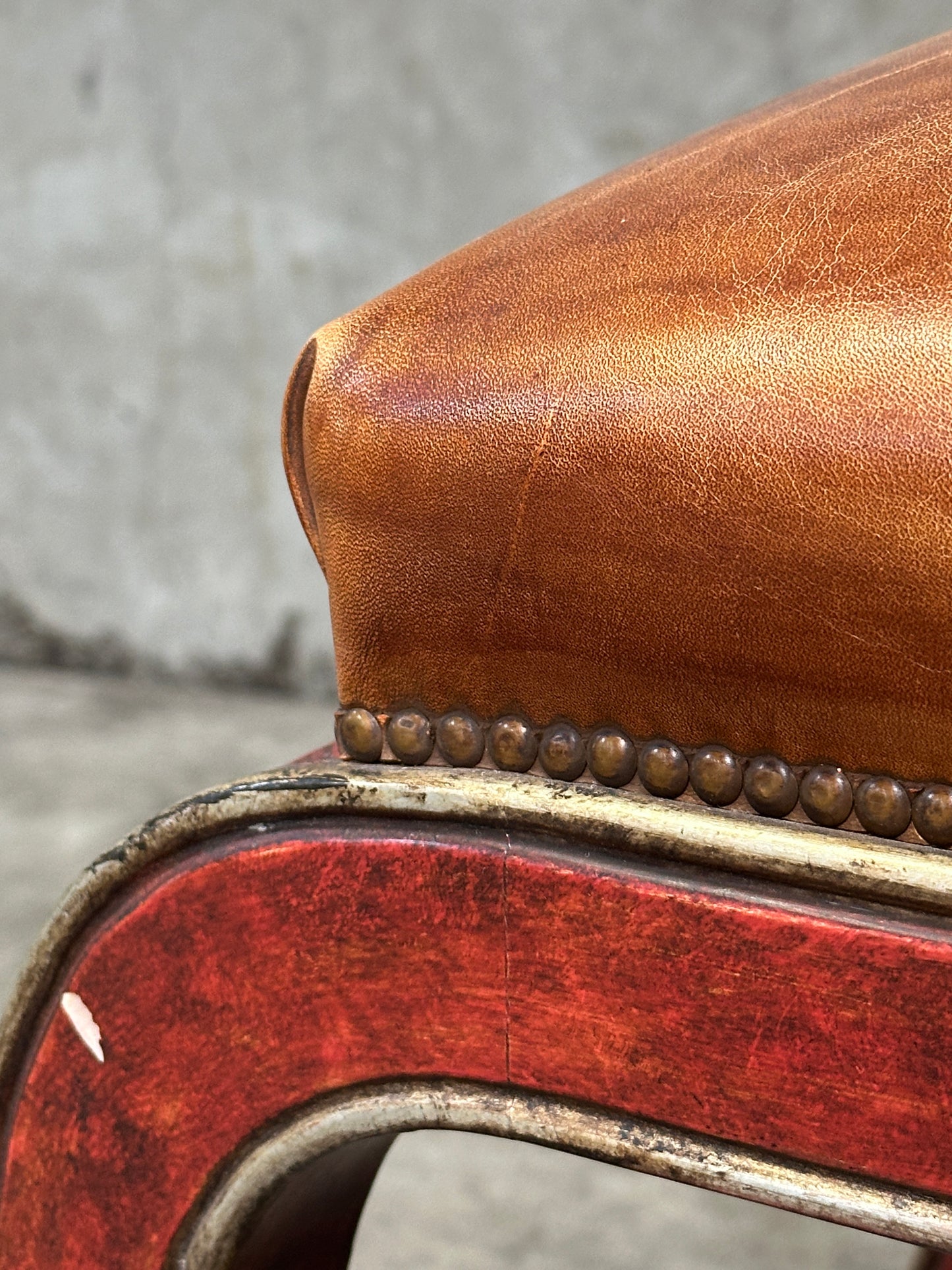 Therien Studio Workshops Leather Stool / Low Chair, Cognac & Gilt Frame