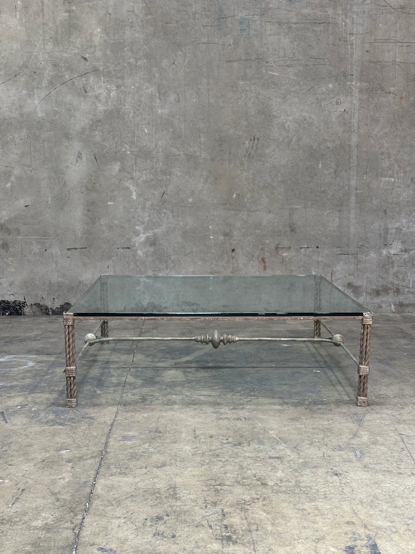 Vintage Italian Wrought Iron Coffee Table, Twisted Rope Base, Glass Top, 60in