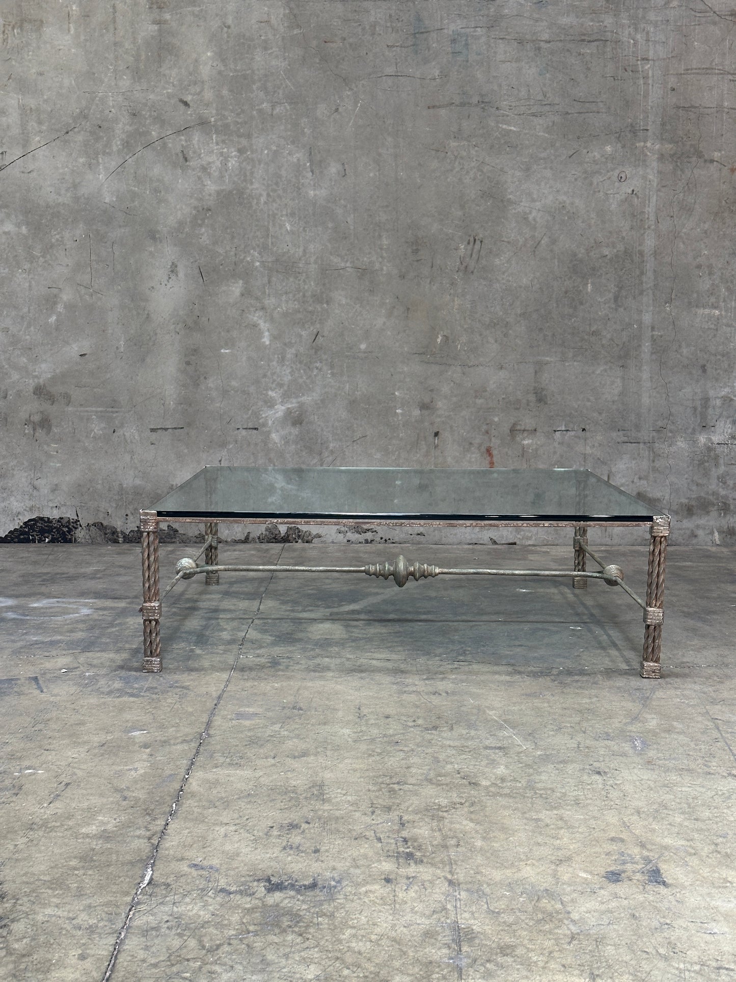Vintage Italian Wrought Iron Coffee Table, Twisted Rope Base, Glass Top, 60in