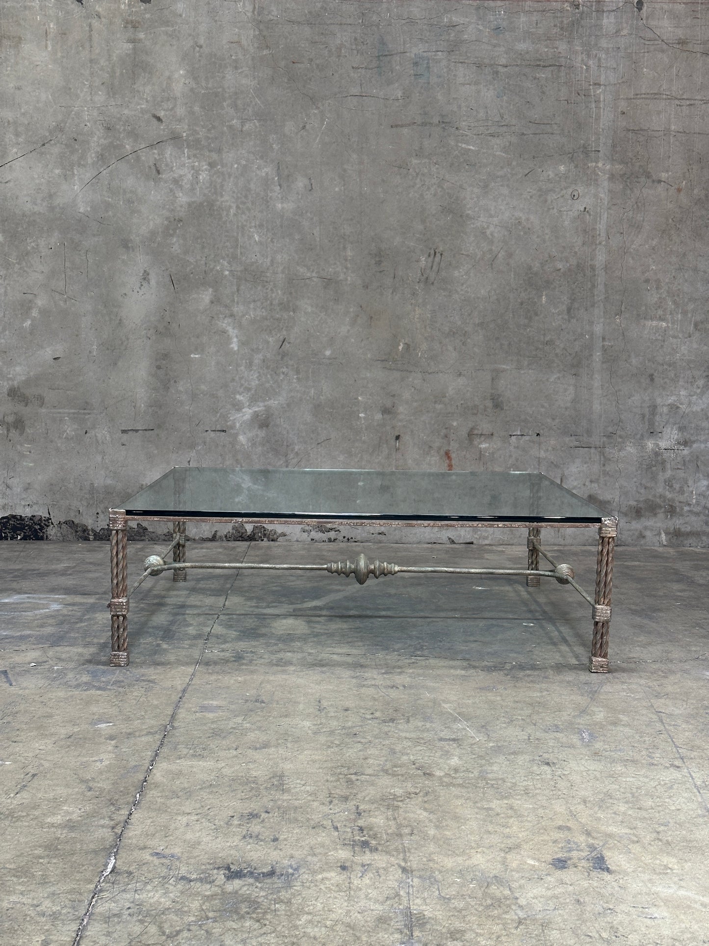 Vintage Italian Wrought Iron Coffee Table, Twisted Rope Base, Glass Top, 60in