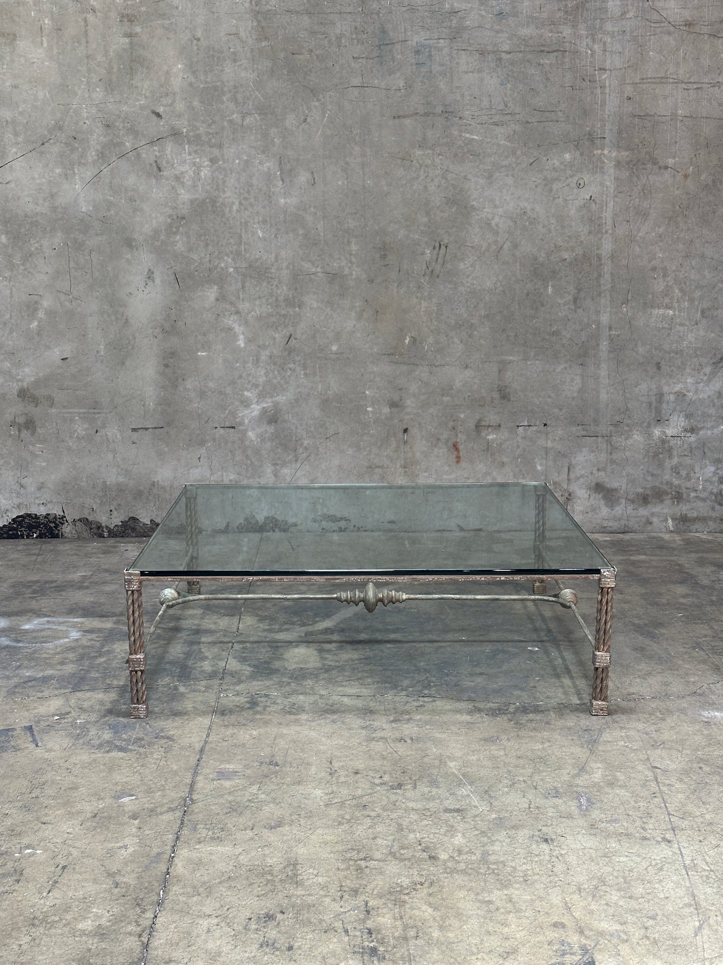 Vintage Italian Wrought Iron Coffee Table, Twisted Rope Base, Glass Top, 60in