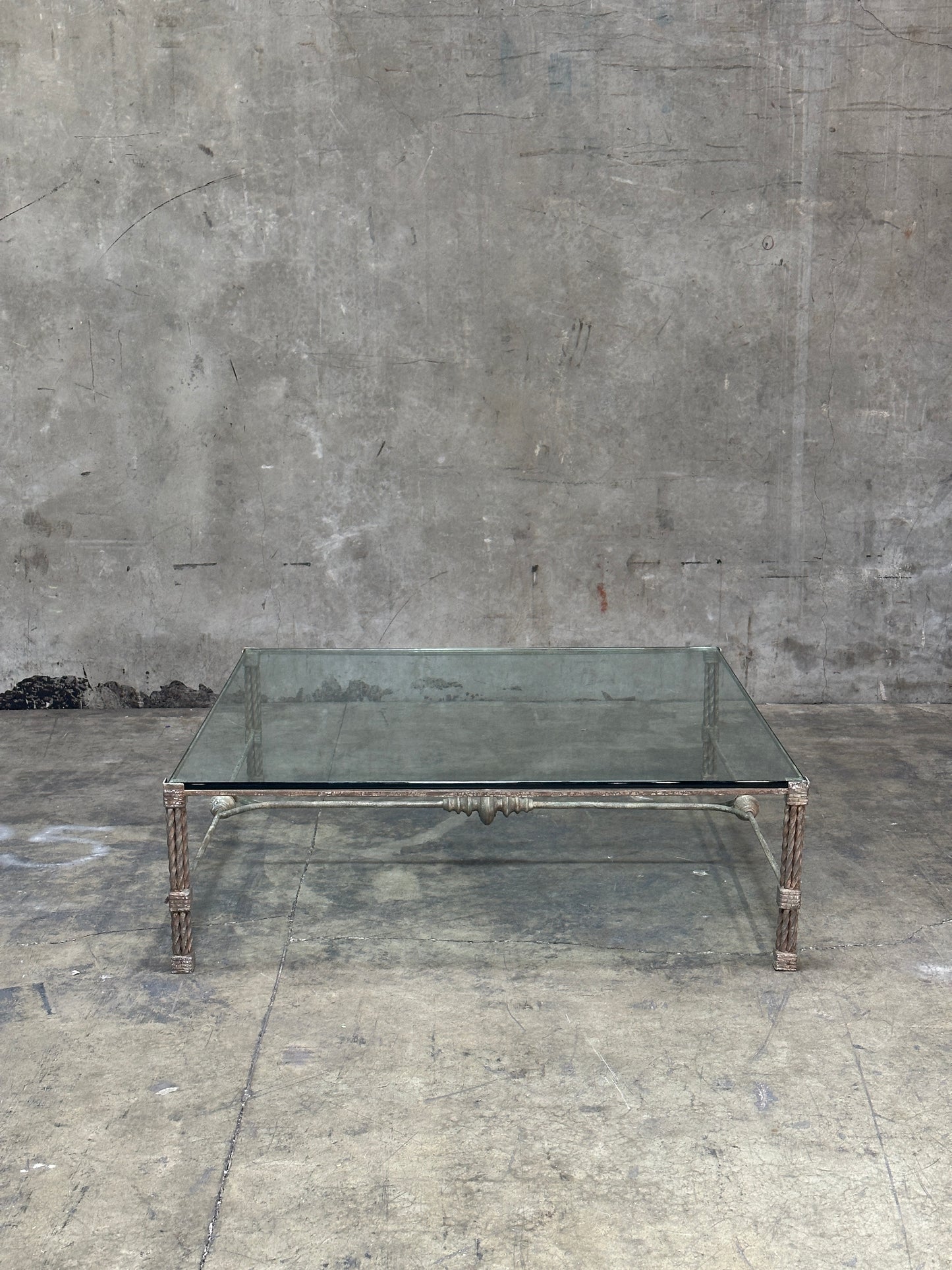 Vintage Italian Wrought Iron Coffee Table, Twisted Rope Base, Glass Top, 60in