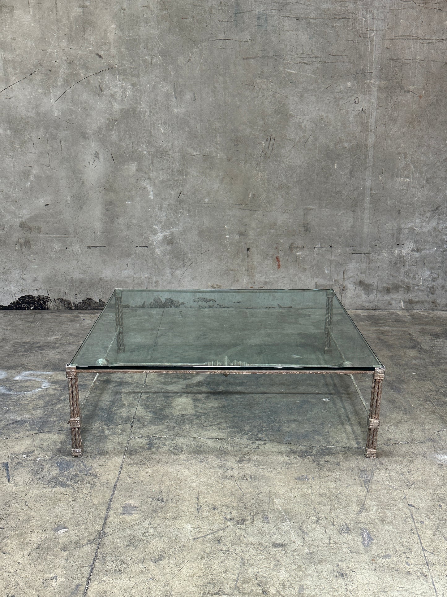 Vintage Italian Wrought Iron Coffee Table, Twisted Rope Base, Glass Top, 60in