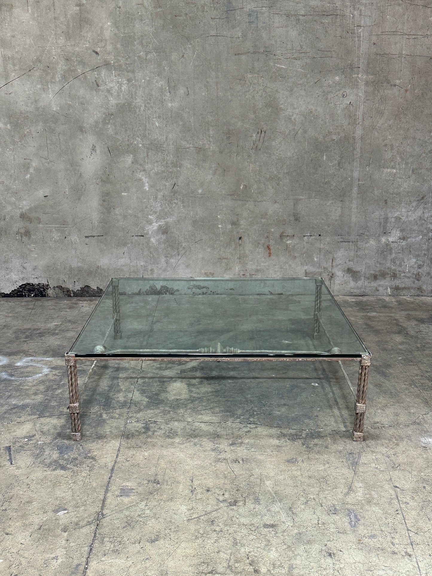 Vintage Italian Wrought Iron Coffee Table, Twisted Rope Base, Glass Top, 60in