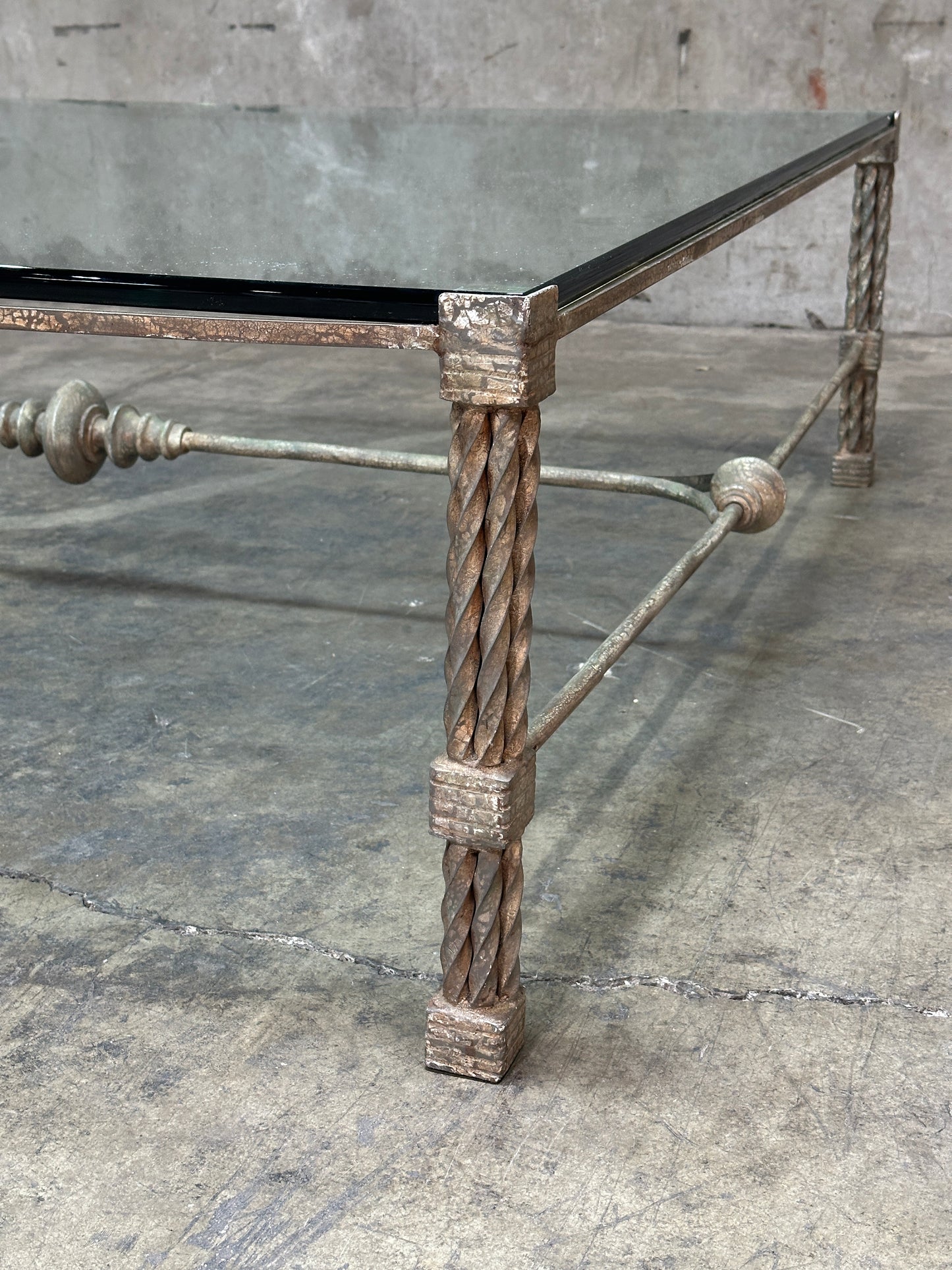 Vintage Italian Wrought Iron Coffee Table, Twisted Rope Base, Glass Top, 60in
