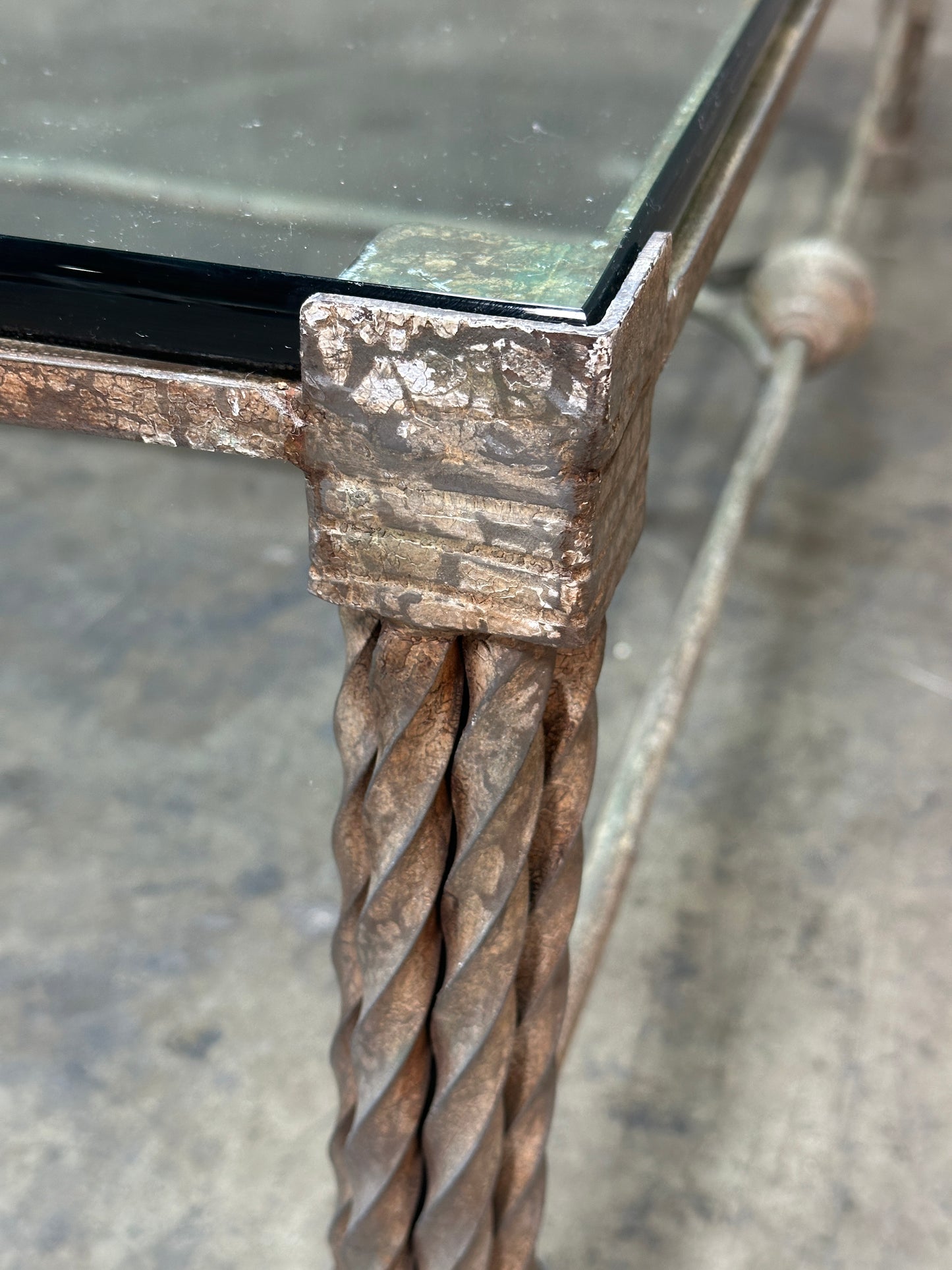 Vintage Italian Wrought Iron Coffee Table, Twisted Rope Base, Glass Top, 60in