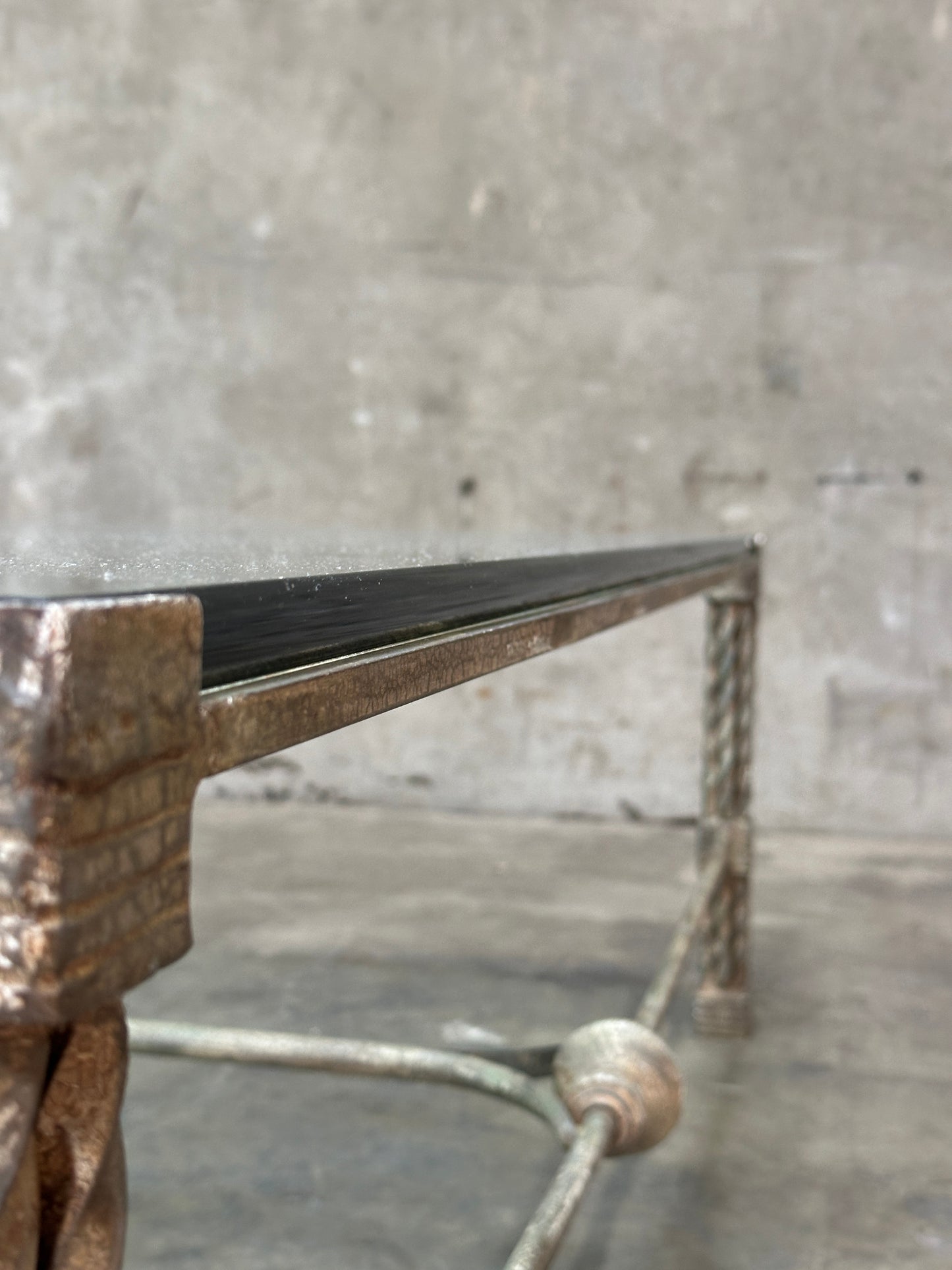 Vintage Italian Wrought Iron Coffee Table, Twisted Rope Base, Glass Top, 60in