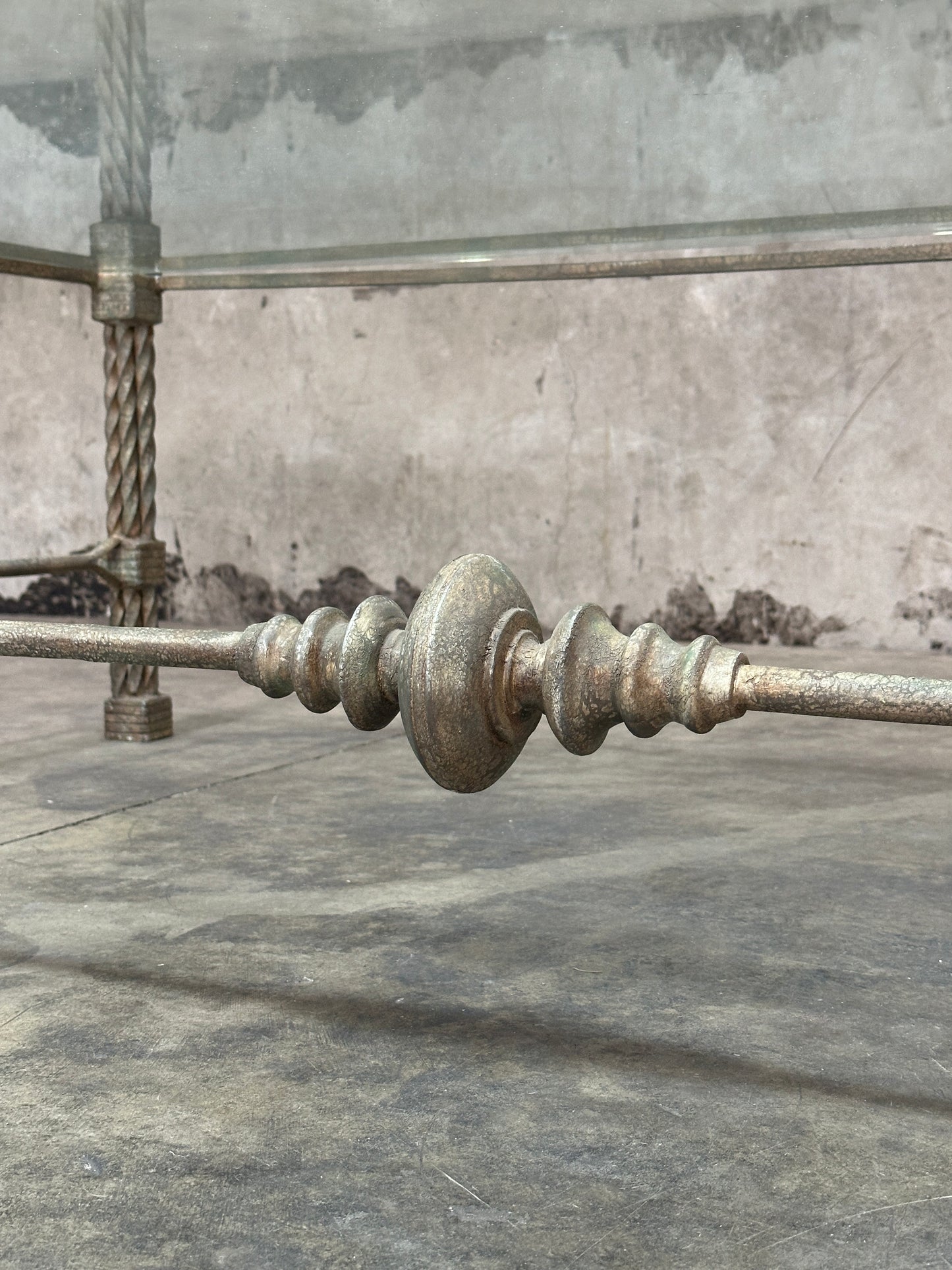 Vintage Italian Wrought Iron Coffee Table, Twisted Rope Base, Glass Top, 60in